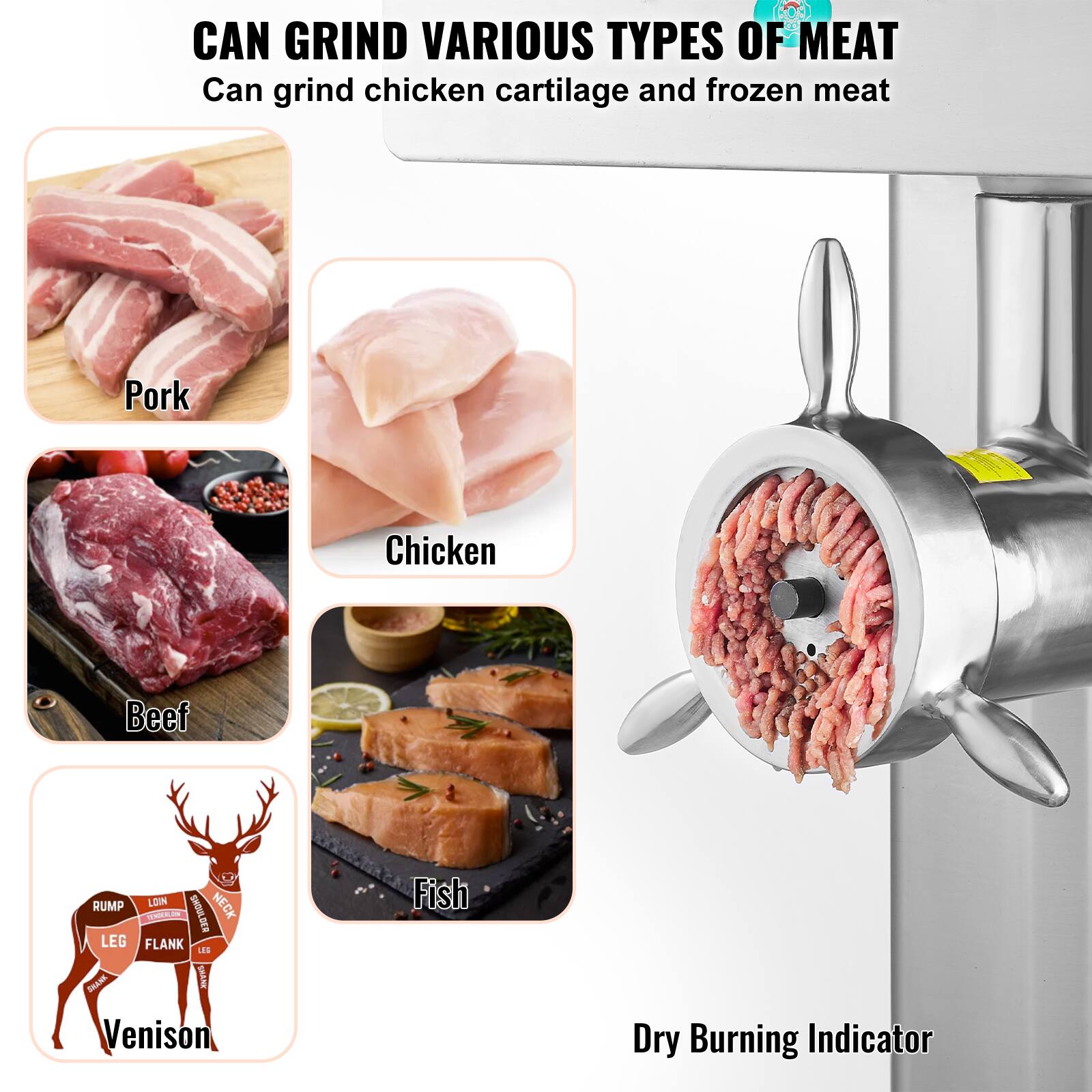 CAN GRIND VARIOUS TYPES OF MEAT
Can grind chicken cartilage and frozen meat
Pork
Chicken
Beef
Venison
Fish
Dry Burning Indicator