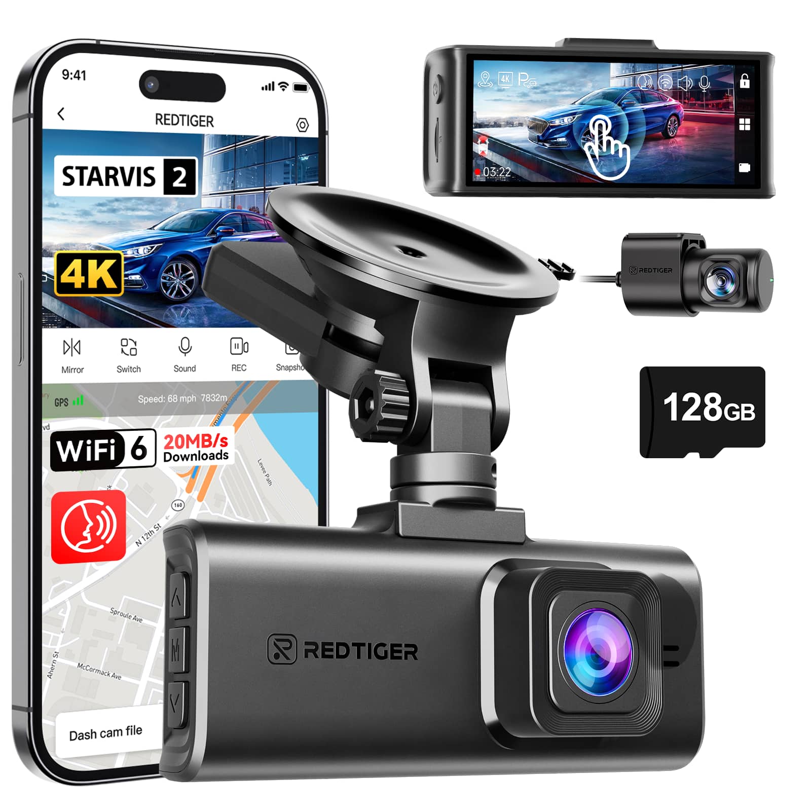 REDTIGER - 4K 3.18" Touch Screen Night Vision Dash Cam , STARVIS 2 , Voice Control , 128GB , 5.8GHz WiFi , GPS - Black