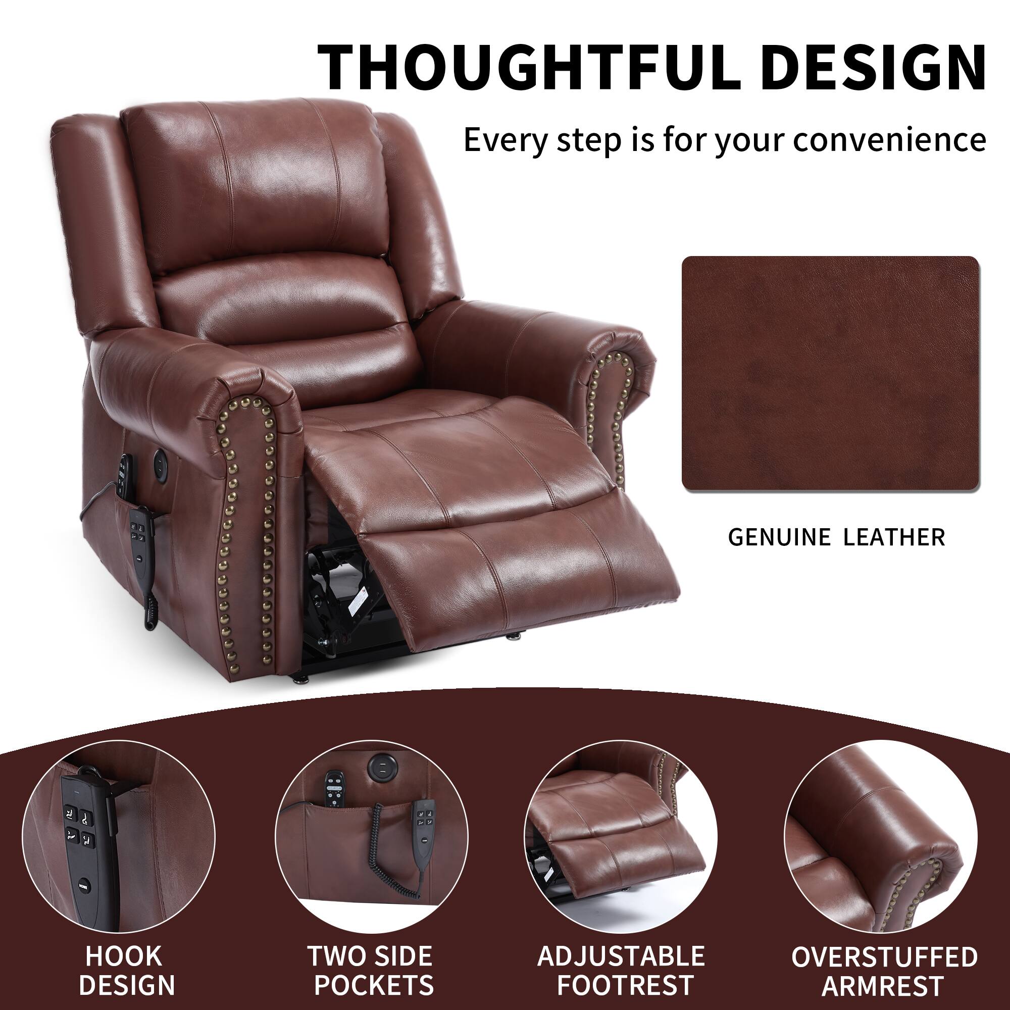 THOUGHTFUL DESIGN  
Every step is for your convenience  

GENUINE LEATHER  

HOOK DESIGN  
TWO SIDE POCKETS  
ADJUSTABLE FOOTREST  
OVERSTUFFED ARMREST