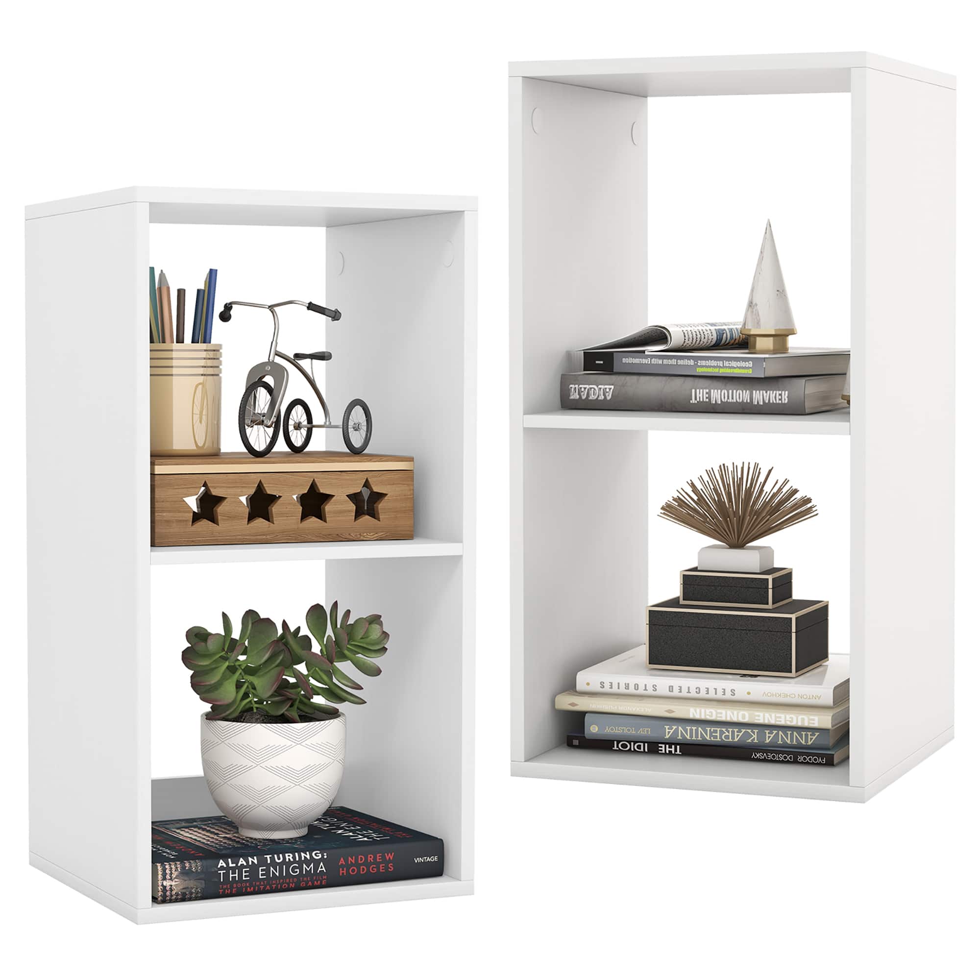Gymax - 2-Cube Bookshelf Modern Vertical Bookcase w/ Back Guardrail & Anti-tipping Kits - White