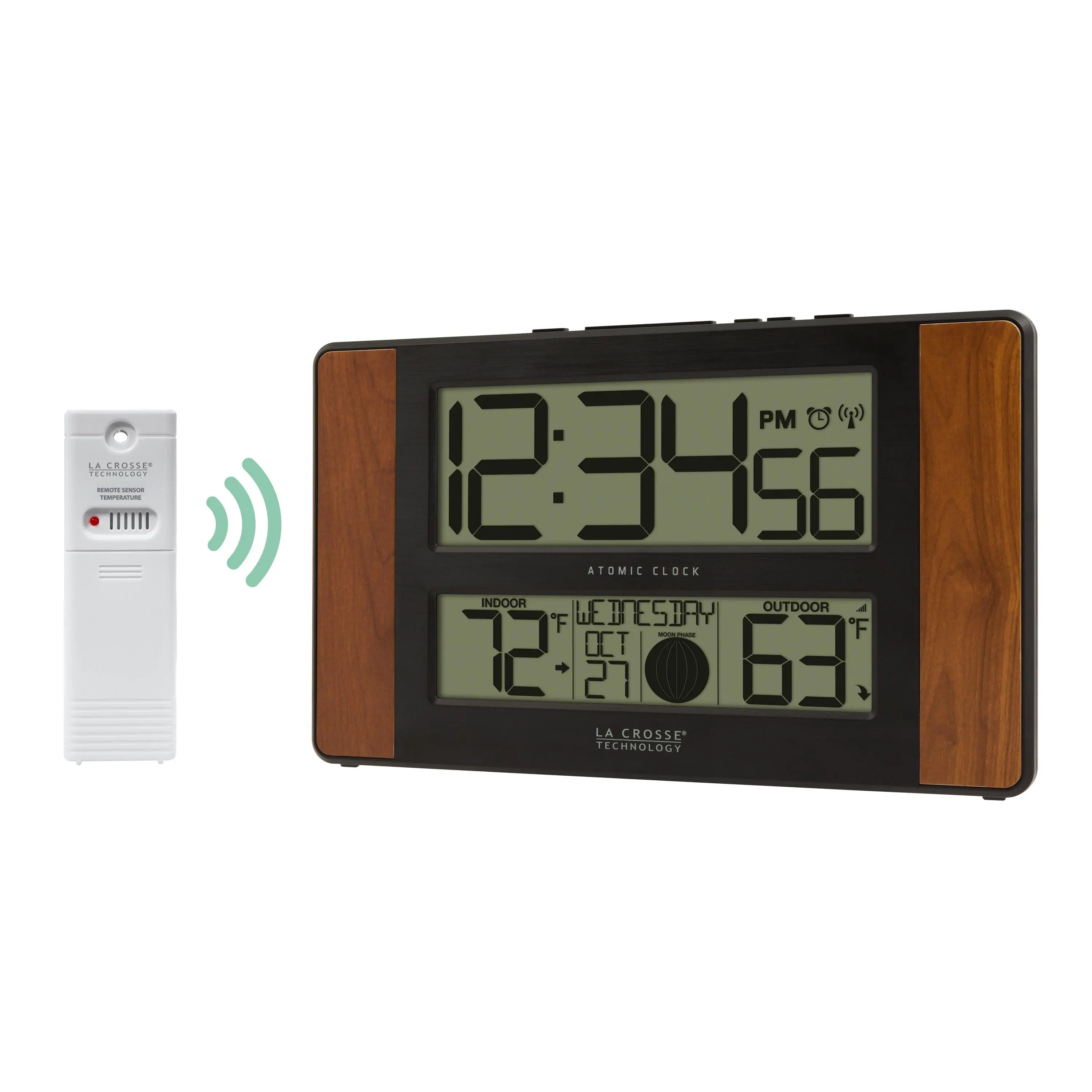 LA CROSSE TECHNOLOGY  
REMOTE SENSOR  
TEMPERATURE  

12:34:56 PM  
ATOMIC CLOCK  

WEDNESDAY  
OCT 27  

INDOOR 72°F  
OUTDOOR 63°F  

LA CROSSE TECHNOLOGY