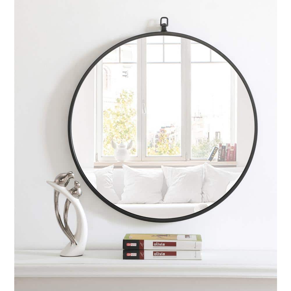 Elegant Decor - Metal frame Round Mirror with decorative hook 24 inch finish - Black