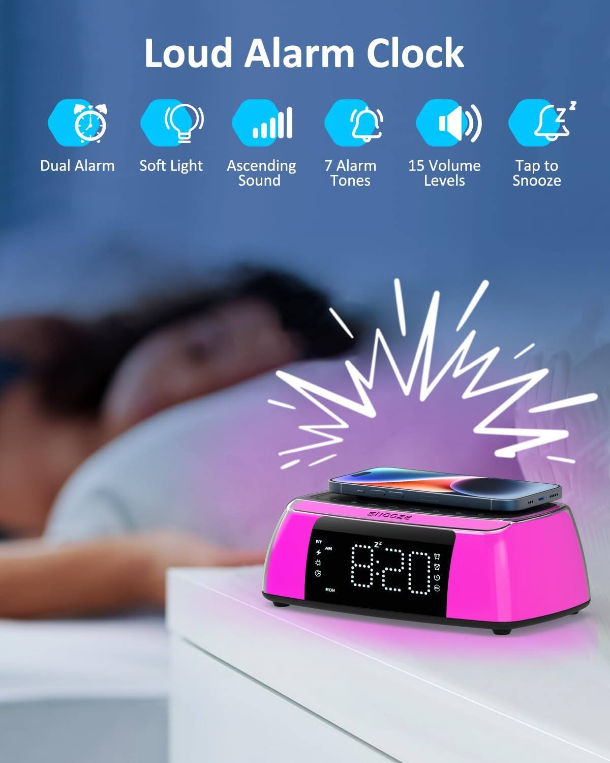 Loud Alarm Clock

- Dual Alarm
- Soft Light
- Ascending Sound
- 7 Alarm Tones
- 15 Volume Levels
- Tap to Snooze