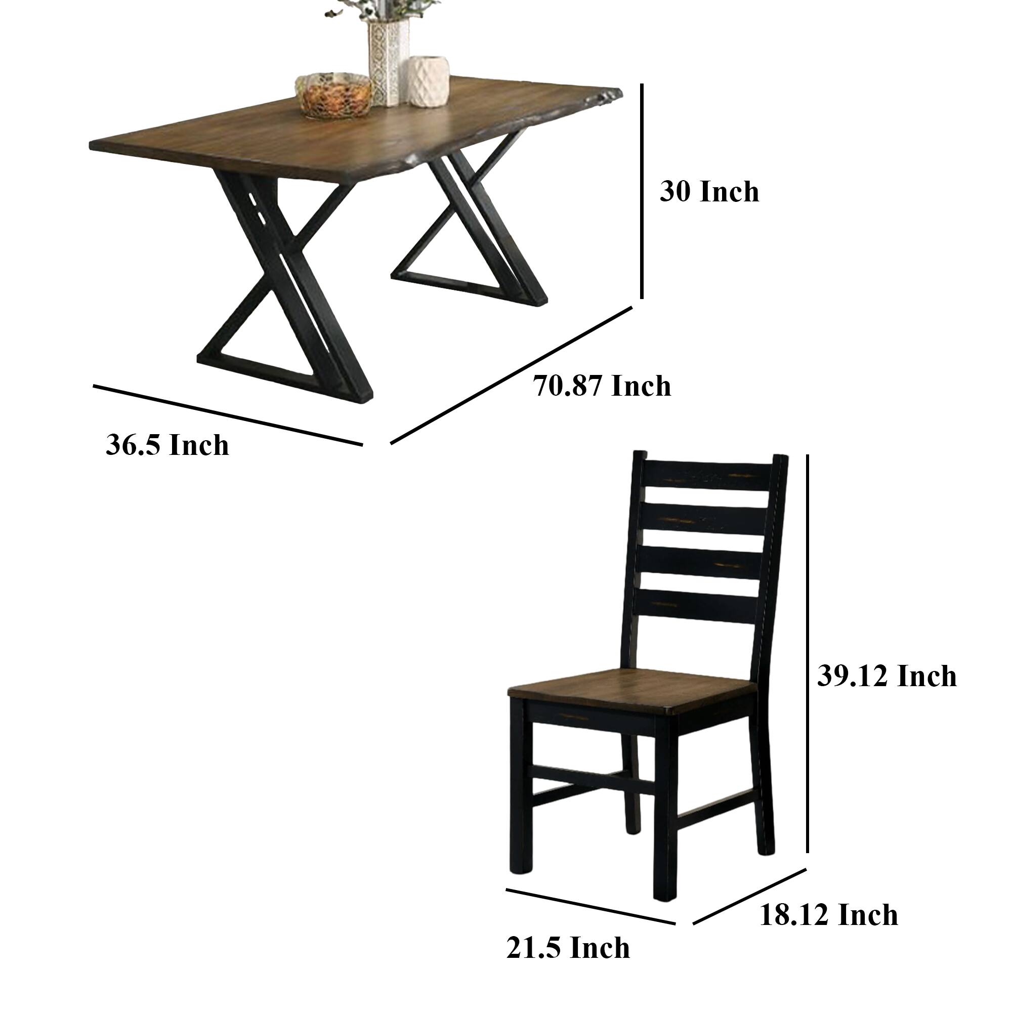 - Table:
  - Width: 30 Inch
  - Length: 70.87 Inch
  - Height: 36.5 Inch

- Chair:
  - Height: 39.12 Inch
  - Width: 21.5 Inch
  - Depth: 18.12 Inch
