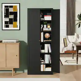Anysun - 72" Metal Kitchen Pantry Cabinet with Doors & 5 Adjustable Shelves, Tool-Free Assembly Heavy-Duty Storage Organizer - Black