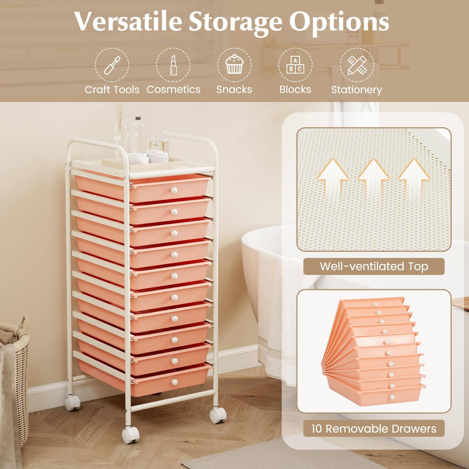 Versatile Storage Options  
- Craft Tools  
- Cosmetics  
- Snacks  
- Blocks  
- Stationery  

Well-ventilated Top  
10 Removable Drawers