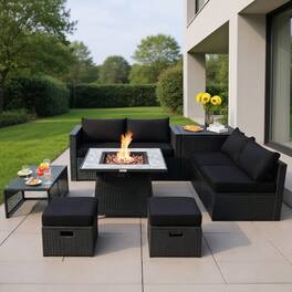 Kadyn - 9 Pieces Outdoor Wicker Sectional with 35 Inch Gas Fire Pit Table- Patio Seating Conversation Set - Black