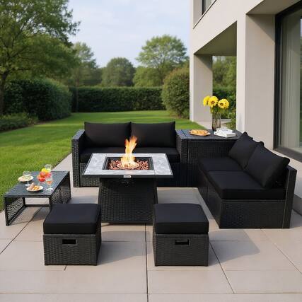 Front. Kadyn - 9 Pieces Outdoor Wicker Sectional with 35 Inch Gas Fire Pit Table-Black, Patio Seating Conversation Set - Black.