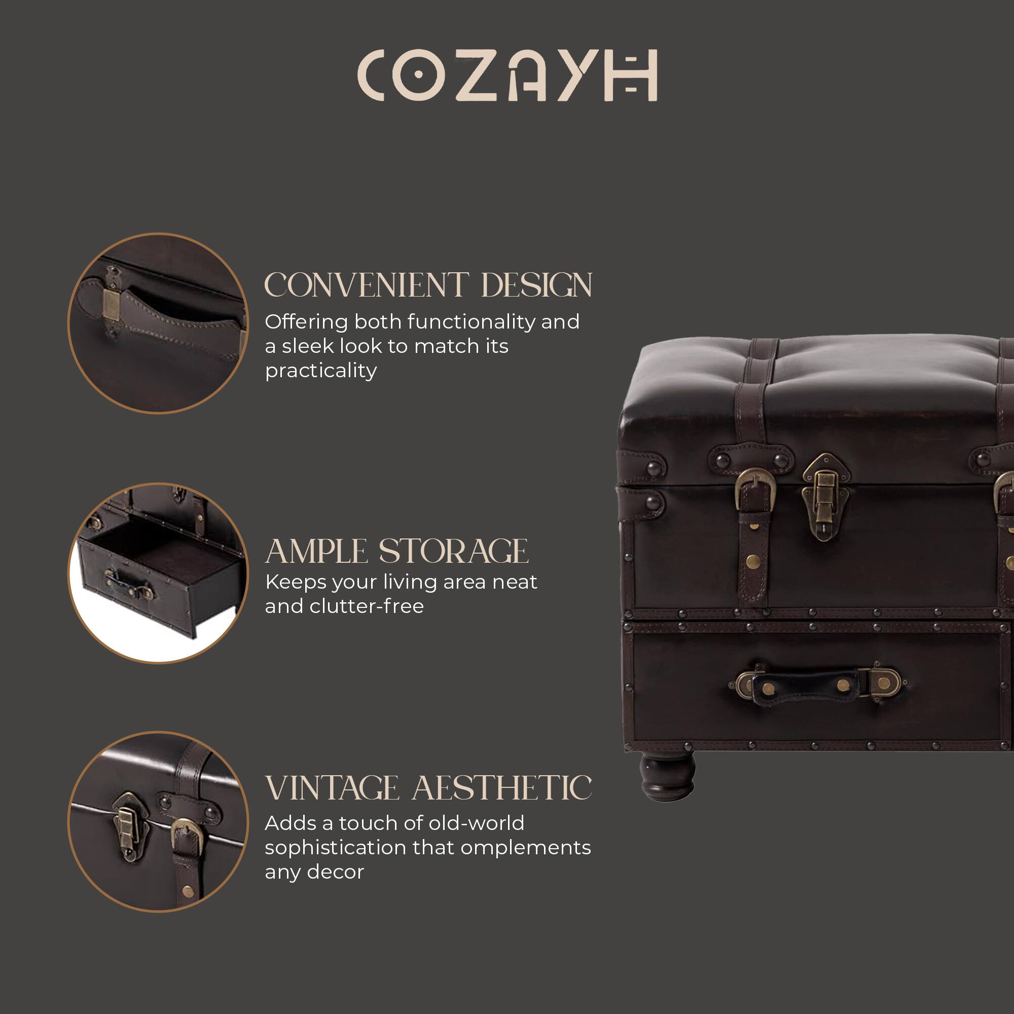 COZAYH

CONVENIENT DESIGN
Offering both functionality and a sleek look to match its practicality

AMPLE STORAGE
Keeps your living area neat and clutter-free

VINTAGE AESTHETIC
Adds a touch of old-world sophistication that complements any decor