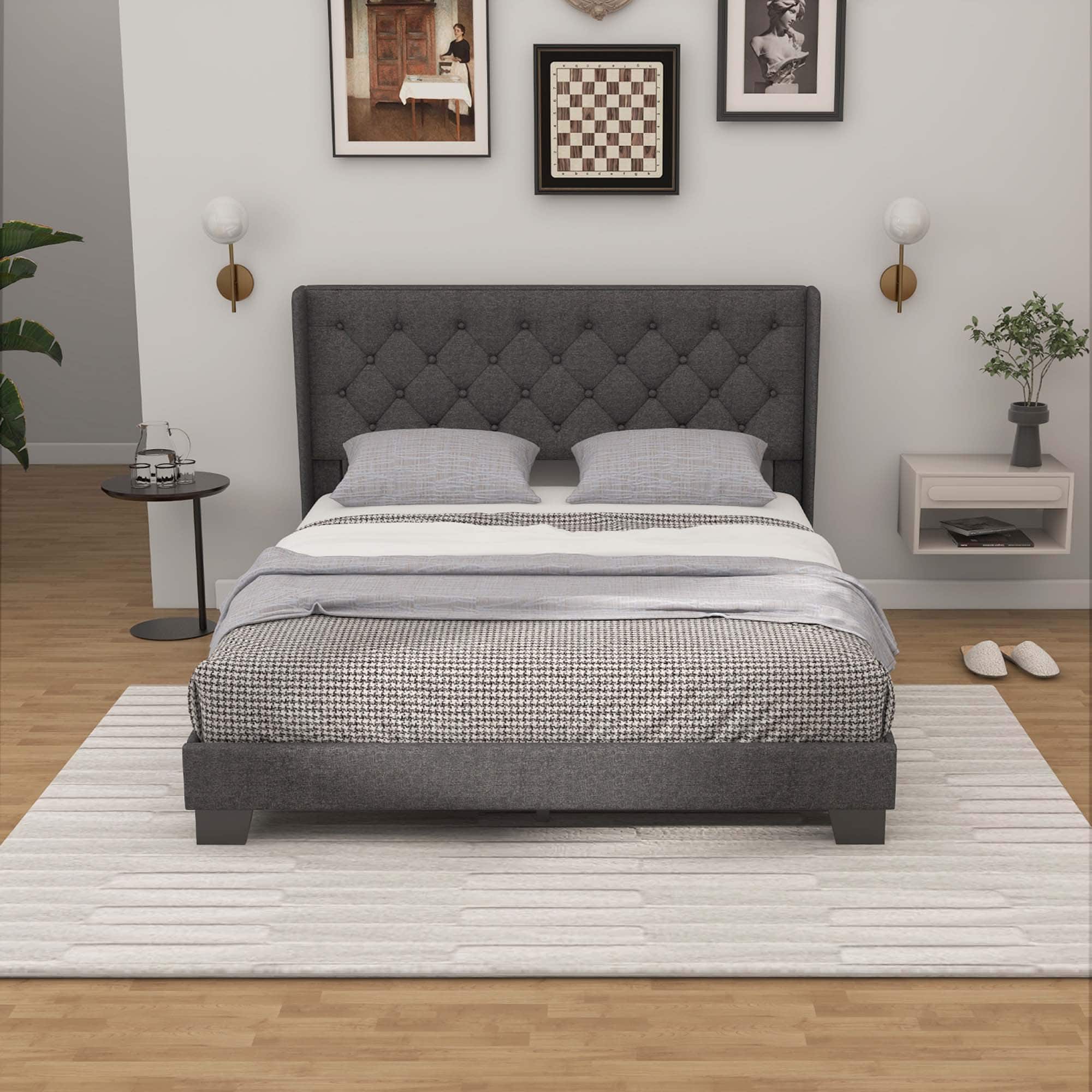 Costway - Queen Size Upholstered Platform Bed Tufted Headboard Mattress Foundation - Gray