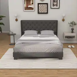 Costway - Queen Size Upholstered Platform Bed Tufted Headboard Mattress Foundation - Gray