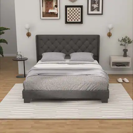 Front. Costway - Costway Queen Size Upholstered Platform Bed Tufted Headboard Mattress Foundation - Grey.