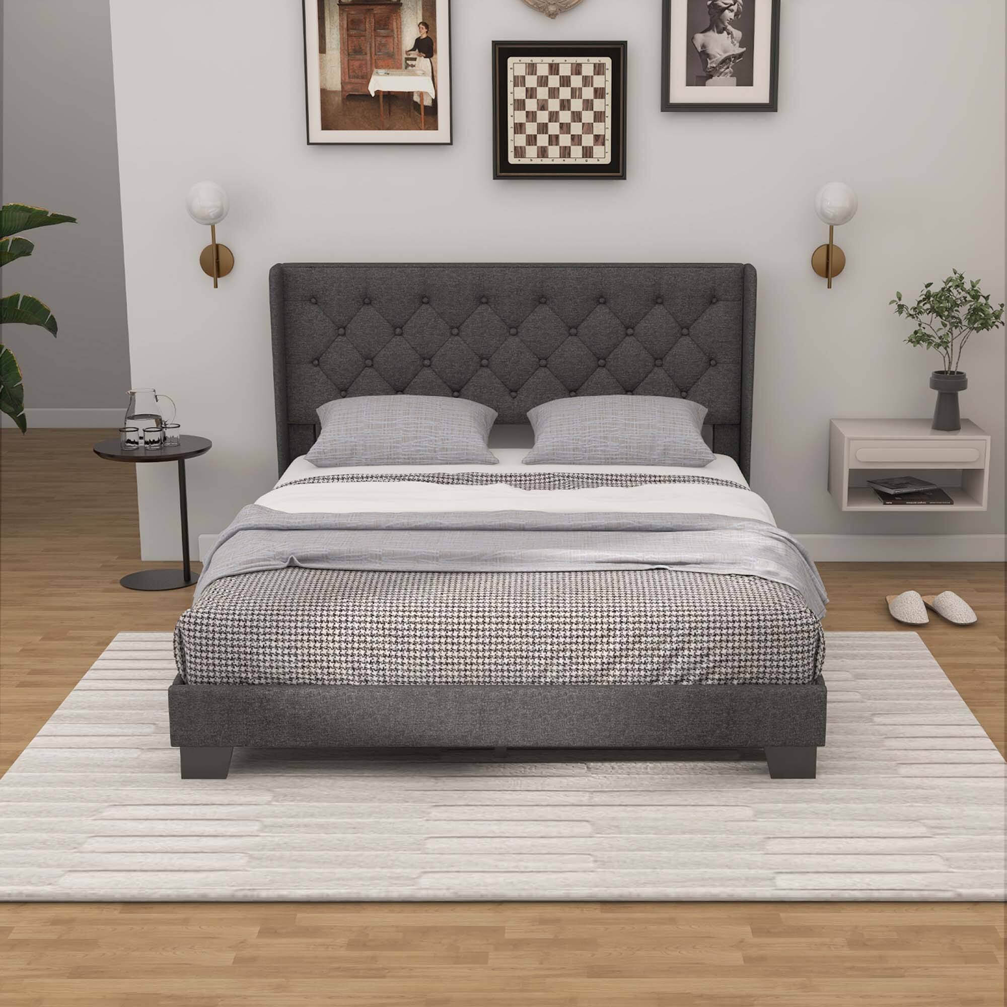 Alt View 1. Costway - Costway Queen Size Upholstered Platform Bed Tufted Headboard Mattress Foundation - Grey.