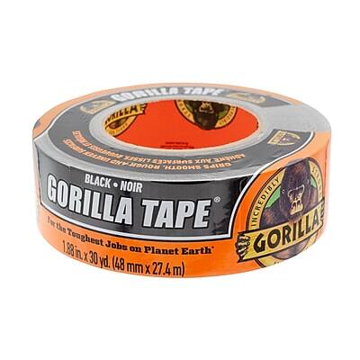 GORILLA TAPE  
BLACK • NOIR  

For the Toughest Jobs on Planet Earth  

1.88 in x 30 yd. (48 mm x 27.4 m)  

SURFACES: ROUGH, SMOOTH, AUX GRIPS, ADHESIVE  
CNY XIS81  

INCREDIBLY TOUGH