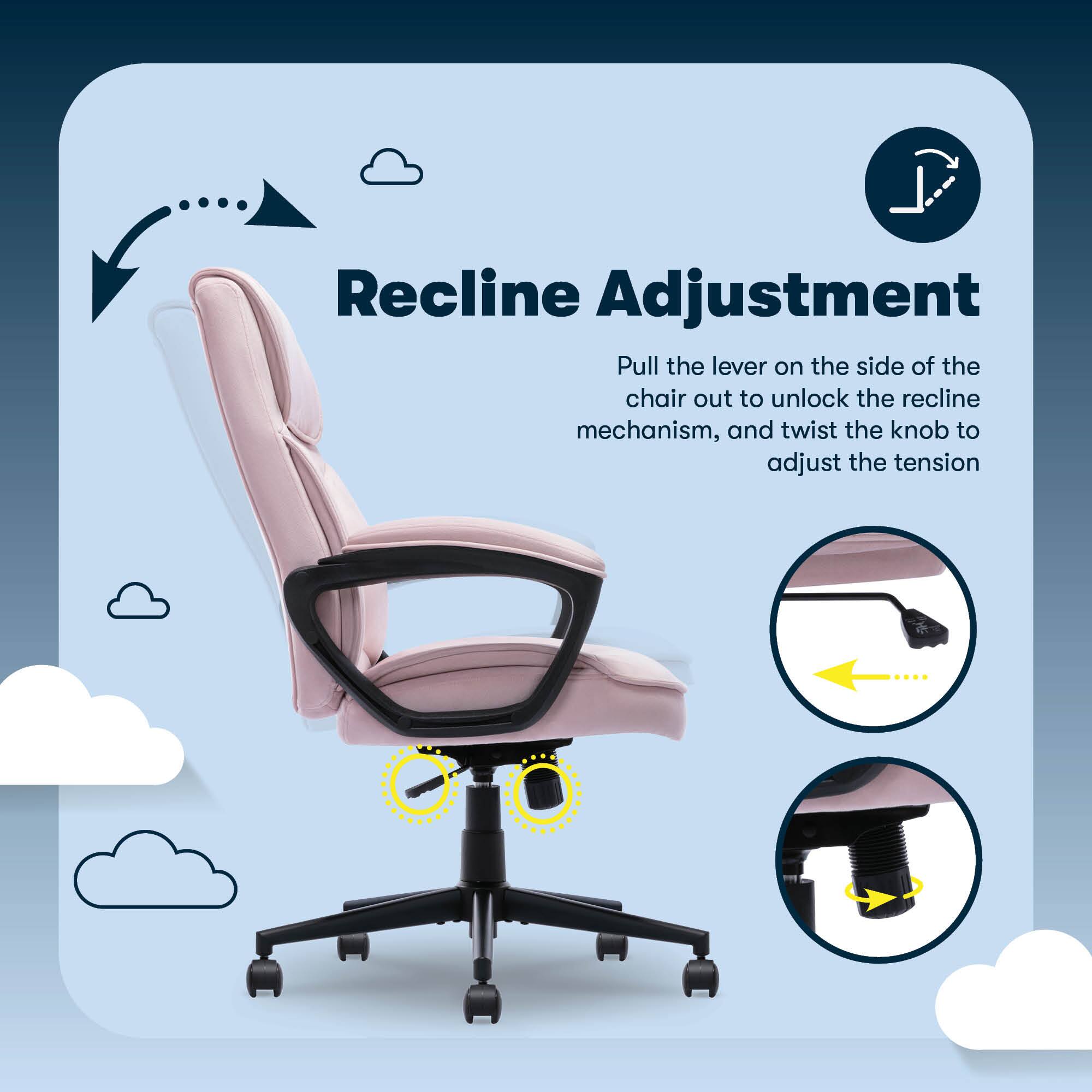 Recline Adjustment:

1. Pull the lever on the side of the chair out to unlock the recline mechanism.
2. Twist the knob to adjust the tension.