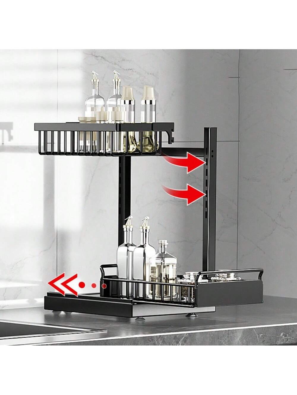 Alt View 2. GARVEE - Home Kitchen Carbon Steel Kitchen Sink Rack, Multifunctional Spice Storage Rack, Pull-Out Cabinet Spice Rack - Black.