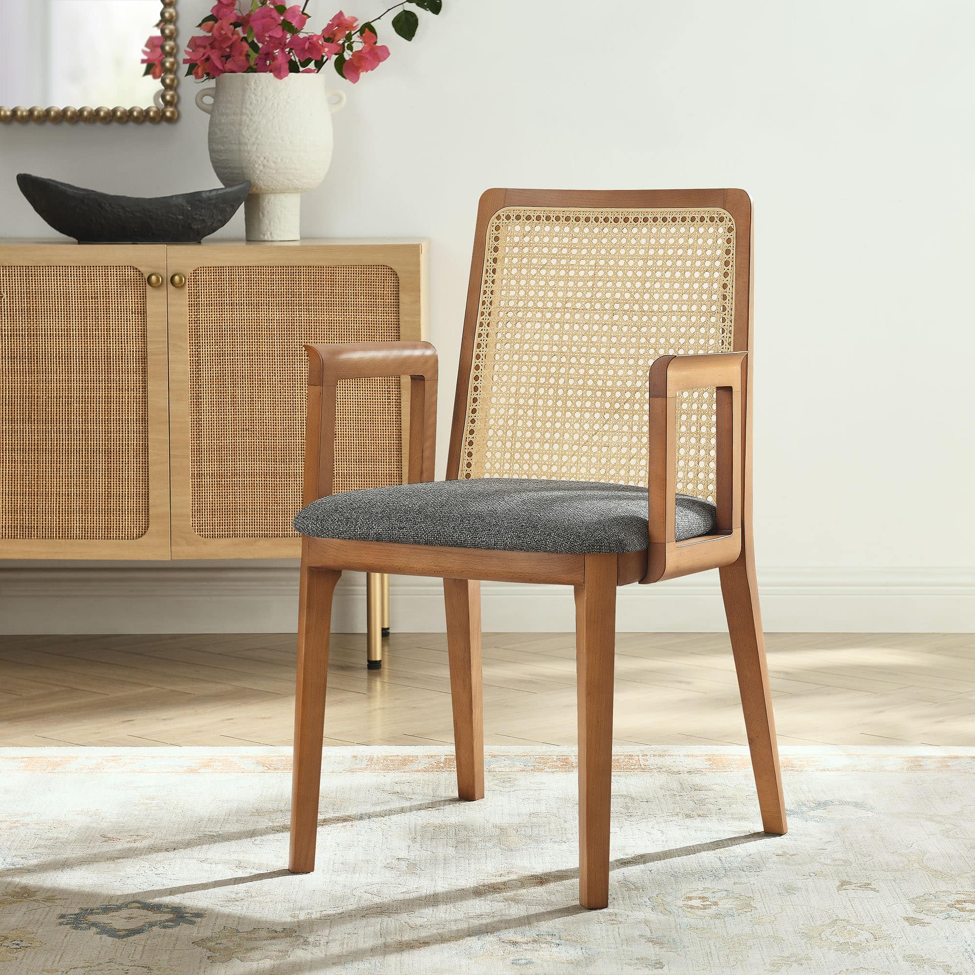 Monarch Wood and Rattan Dining Armchair by Modway - Honey Natural Gray