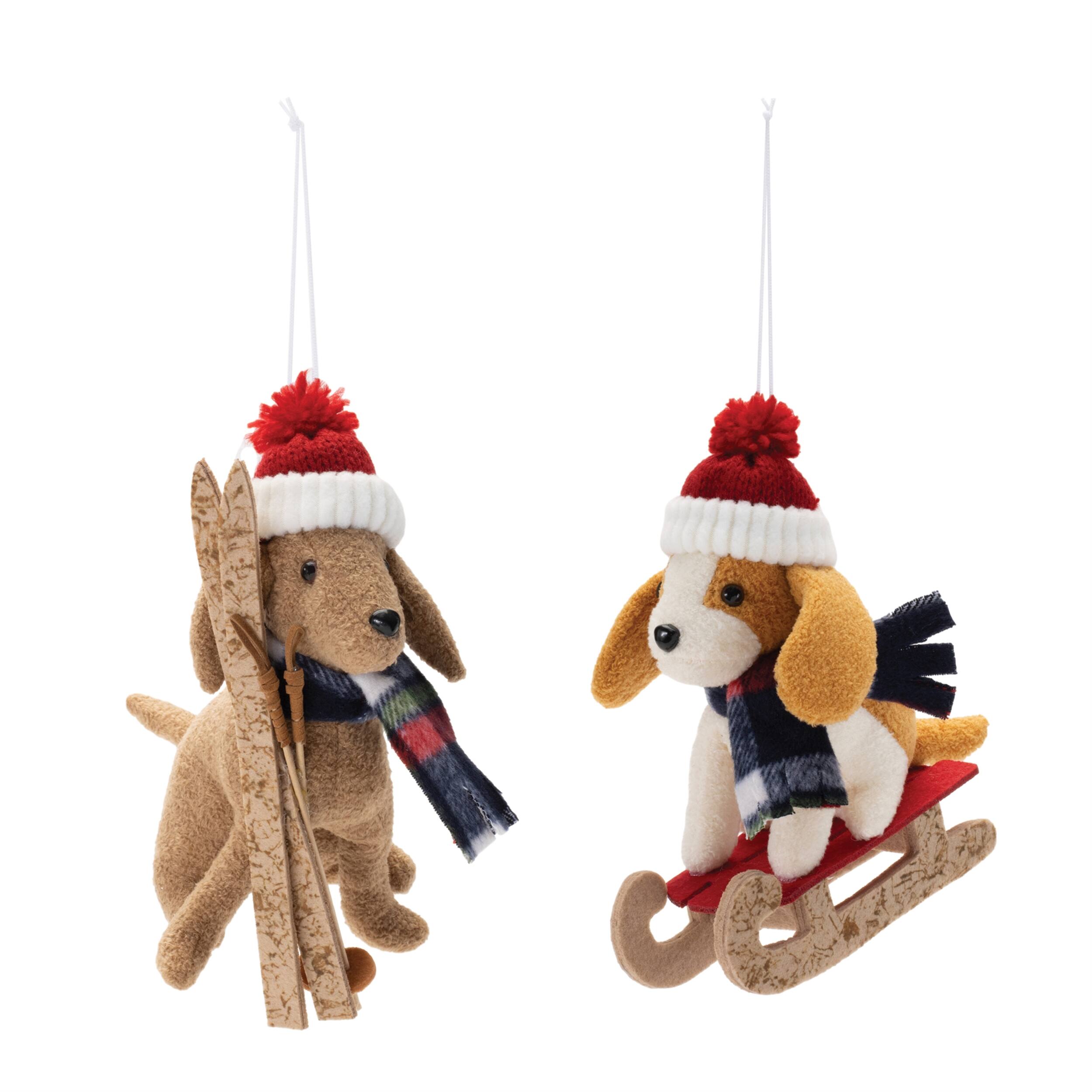 Left. BreeBe - Plush Ski and Sled Dog Ornament (Set of 6) - Red, White, Biege.