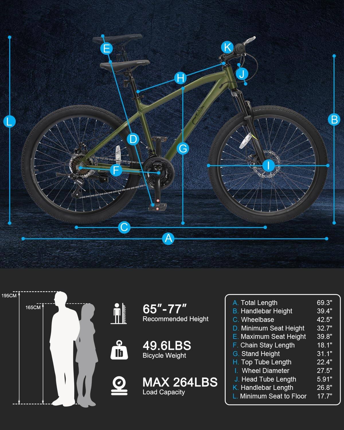 Sure, here is the corrected and grouped text based on the image:

---

**Dimensions:**

- **A. Total Length:** 69.3"
- **B. Handlebar Height:** 39.4"
- **C. Wheelbase:** 42.5"
- **D. Minimum Seat Height:** 32.7"
- **E. Maximum Seat Height:** 39.8"
- **F. Chain Stay Length:** 18.1"
- **G. Stand Height:** 31.1"
- **H. Top Tube Length:** 22.4"
- **I. Wheel Diameter:** 27.5"
- **J. Head Tube Length:** 5.91"
- **K. Handlebar Length:** 26.8"
- **L. Minimum Seat to Floor:** 17.7"

**Specifications:**

- **Recommended Height:** 65" - 77"
- **Bicycle Weight:** 49.6LBS
- **Maximum Load Capacity:** 264LBS

**Height Chart:**

- **165CM**
- **195CM**

---