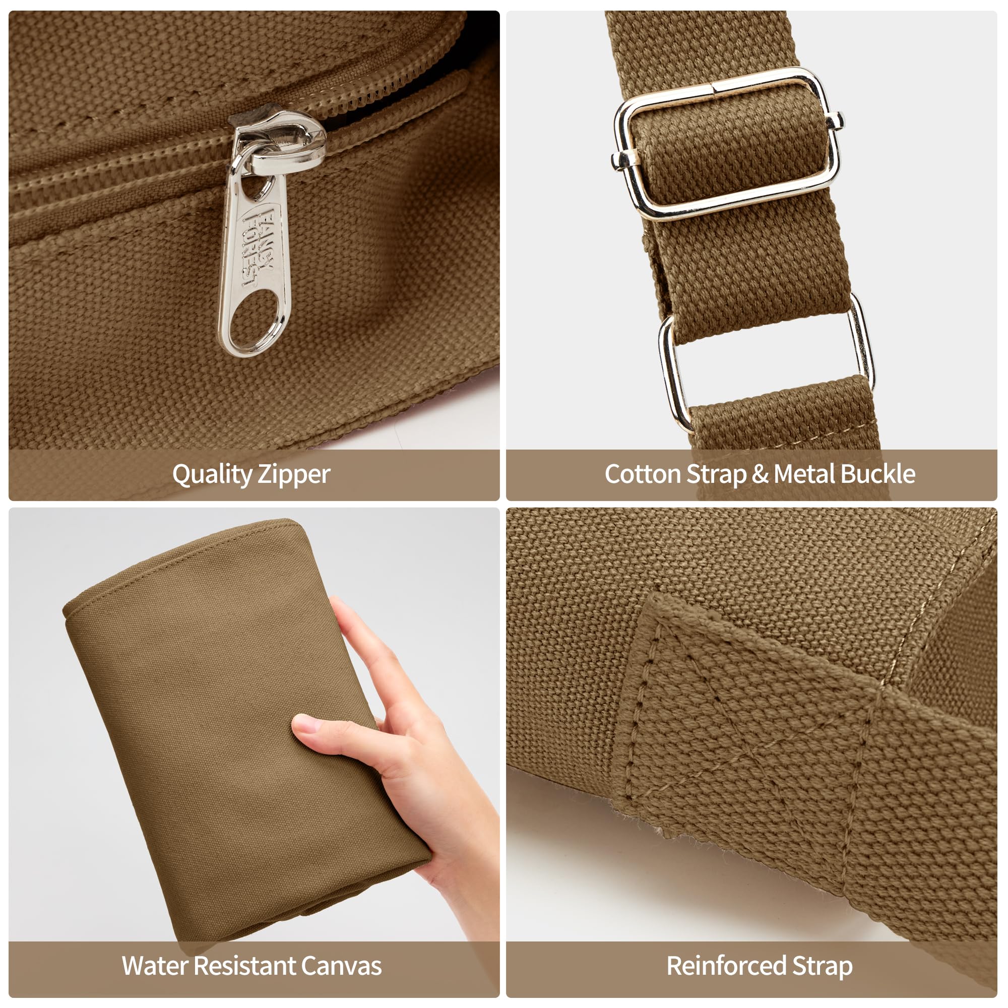 - Quality Zipper
- Cotton Strap & Metal Buckle
- Water Resistant Canvas
- Reinforced Strap