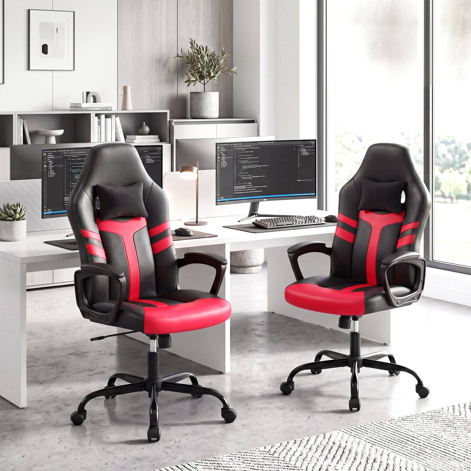 Alt View 4. Costway - Costway Faux Leather Upholstered Office Chair with Removable Head Pillow, Padded Armrests - Red + Black.