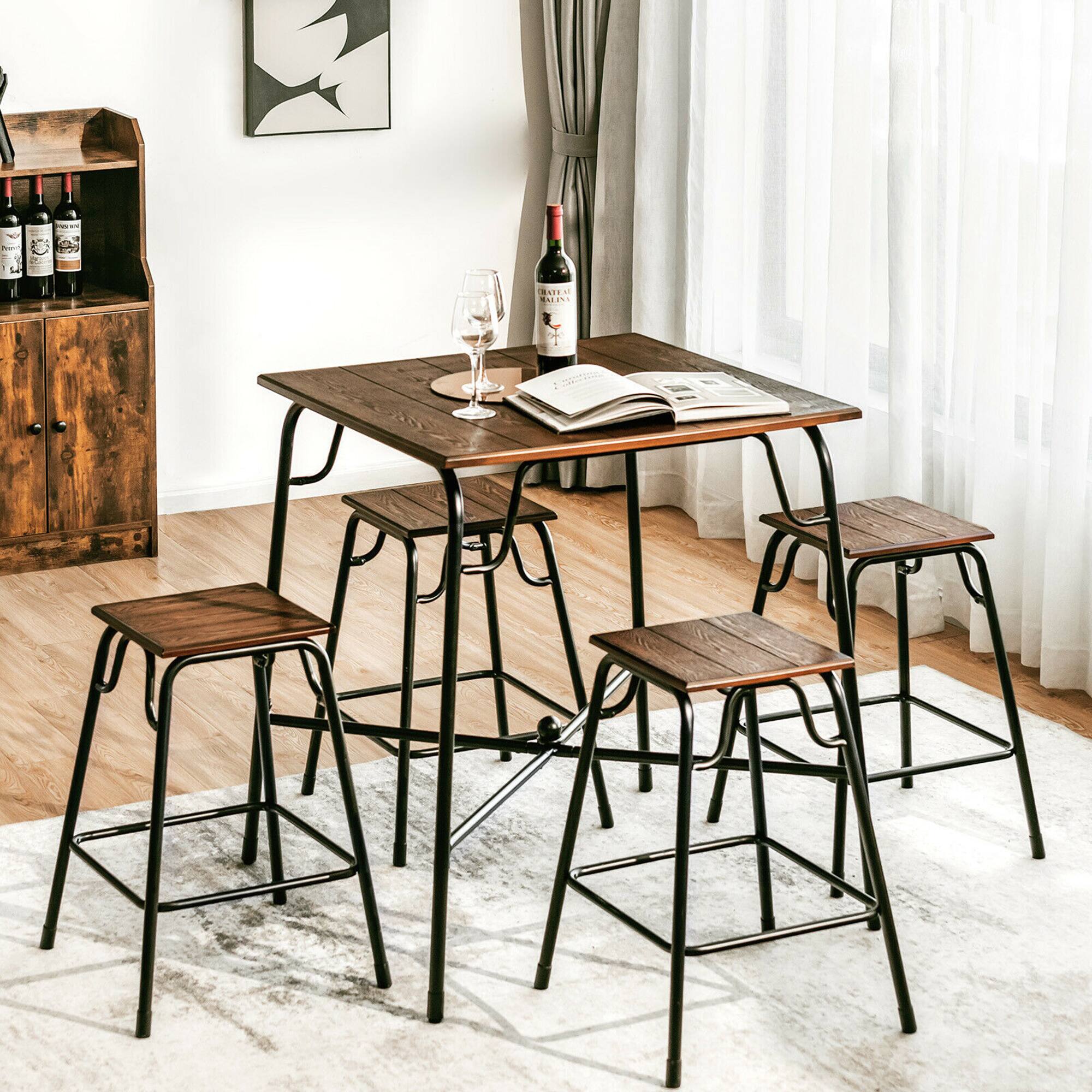 Alt View 3. Costway - 5PCS Bar Table Set Counter Height Dining Set w/ 4 Stools - Rustic Brown/Black.