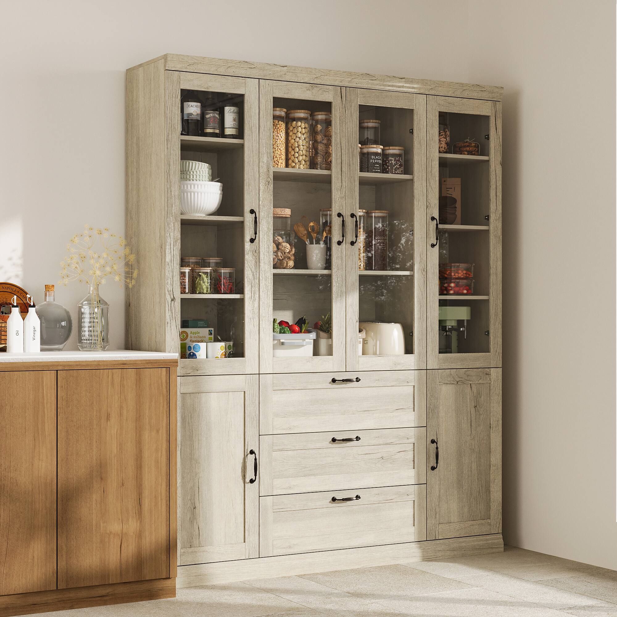 Alt View 1. Famapy - Multi-Functional Storage Cabinet with Glass Doors, Adjustable Shelves, Drawers – Versatile Home Organizer - Off-White.