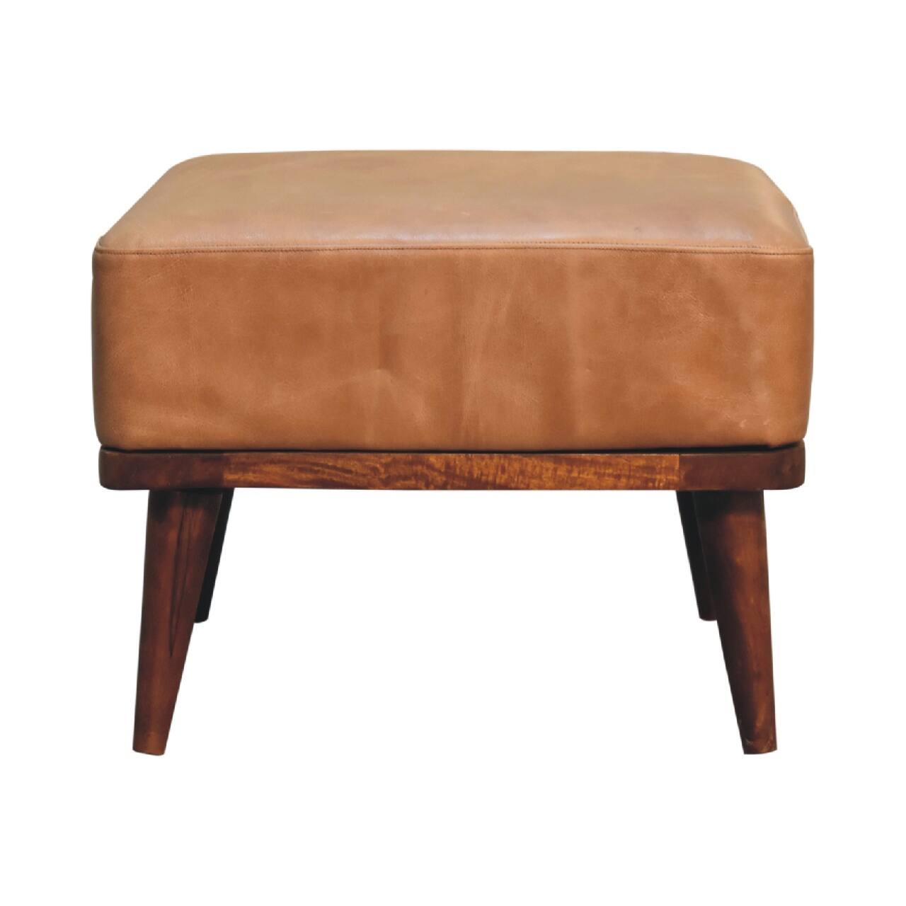 Front. Artisan Furniture - Artisan Furniture Solid Wood Tan Buffalo Leather Upholstered Footstool, Tan  and Brown - Brown.