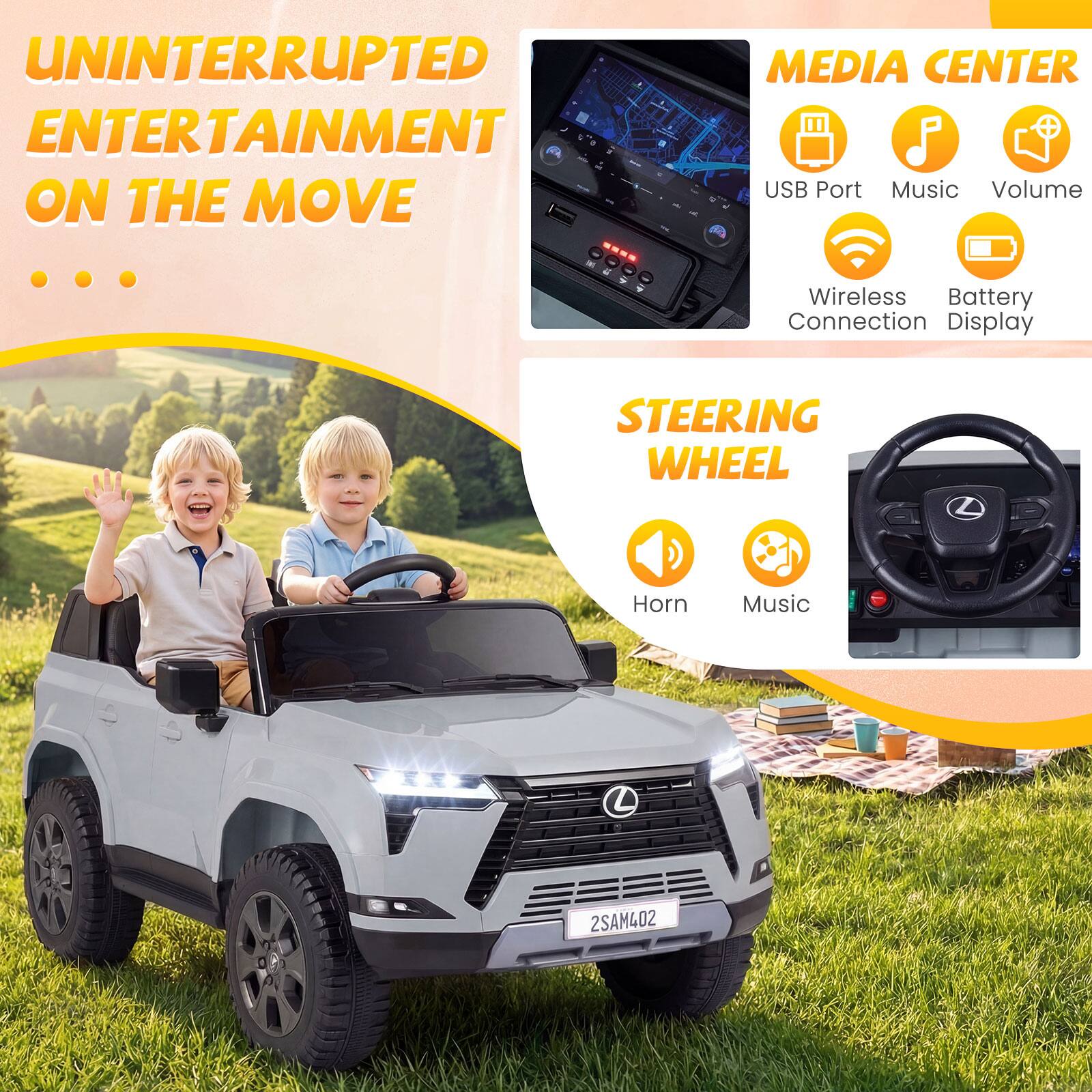 UNINTERRUPTED ENTERTAINMENT ON THE MOVE

MEDIA CENTER
- USB Port
- Music
- Volume
- Wireless Connection
- Battery Display

STEERING WHEEL
- Horn
- Music

2SAM402