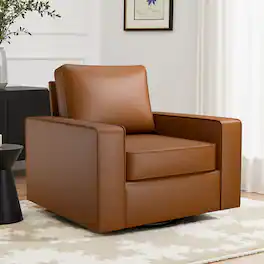 KERDOM - Swivel Accent Armchair, PU Leather Upholstered Single Sofa Lounge Chair, with Rotating Sofa Rotation Base and Pillow - Brown