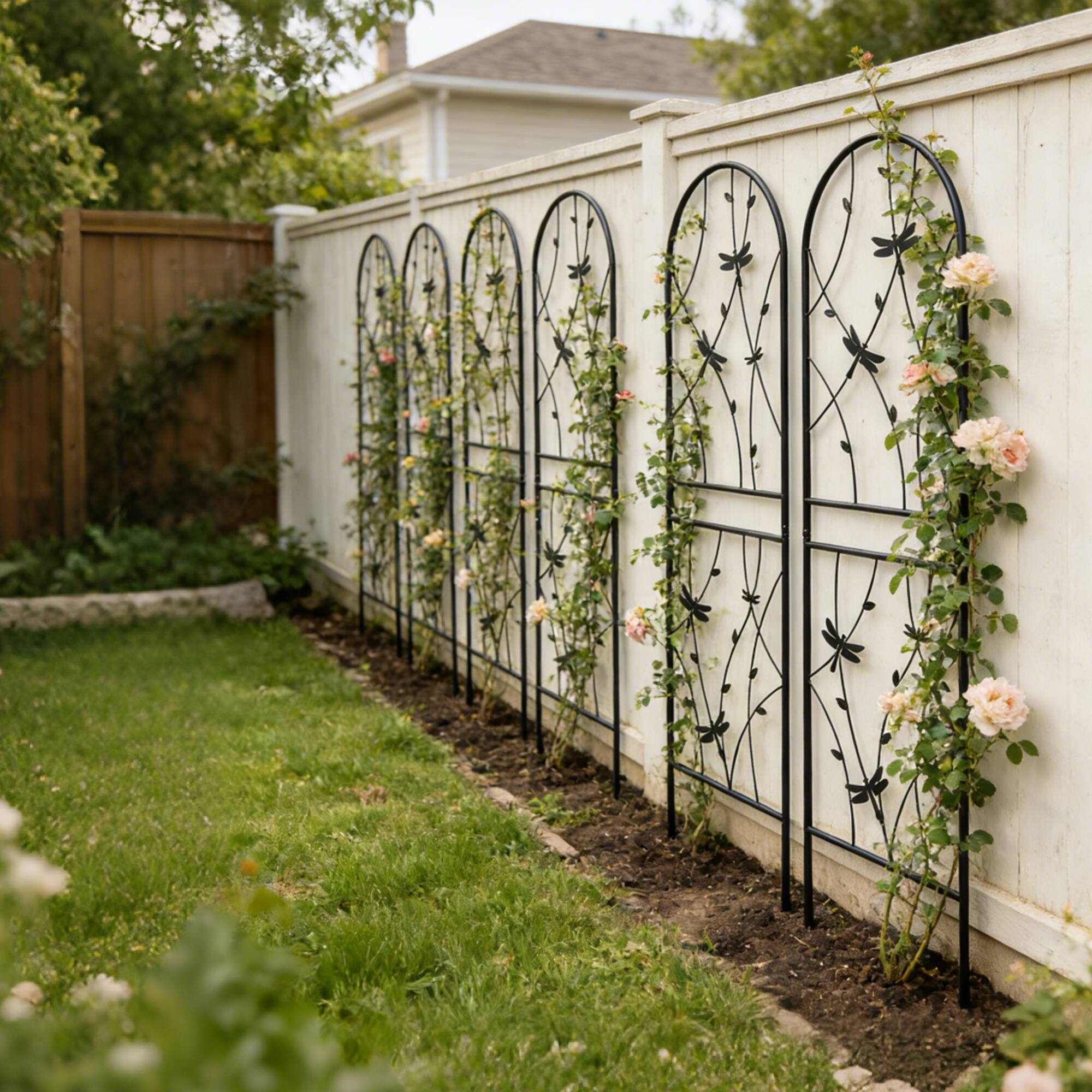 Left. Loheer - Rustproof Metal Garden Trellis 4 Pack, 5.92 ft x 1.64 ft Climbing Plant Support for Outdoor Garden - Black.