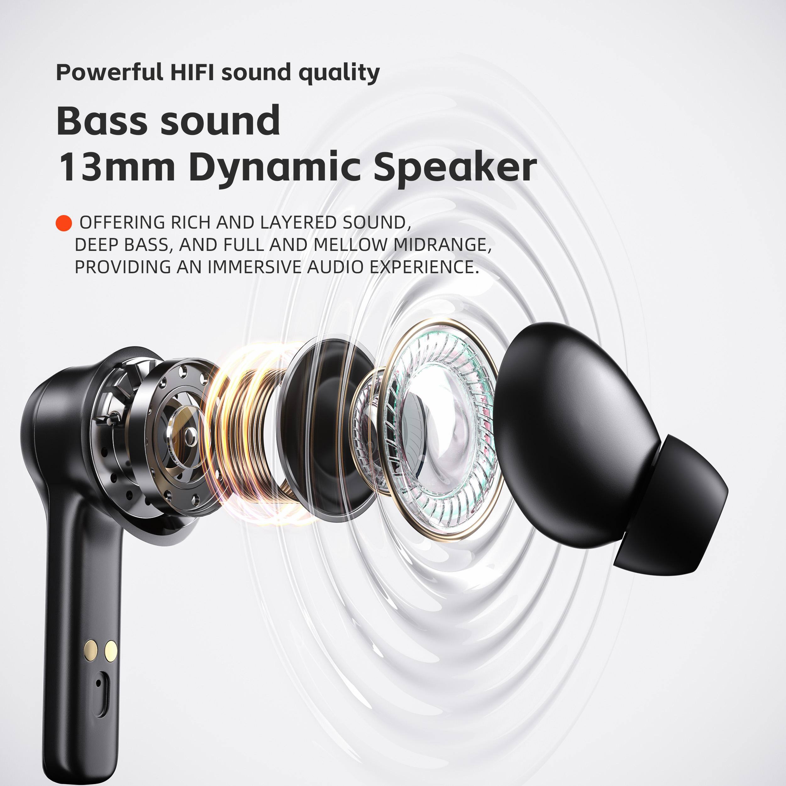 Powerful HIFI sound quality  
Bass sound  
13mm Dynamic Speaker  

OFFERING RICH AND LAYERED SOUND, DEEP BASS, AND FULL AND MELLOW MIDRANGE, PROVIDING AN IMMERSIVE AUDIO EXPERIENCE.