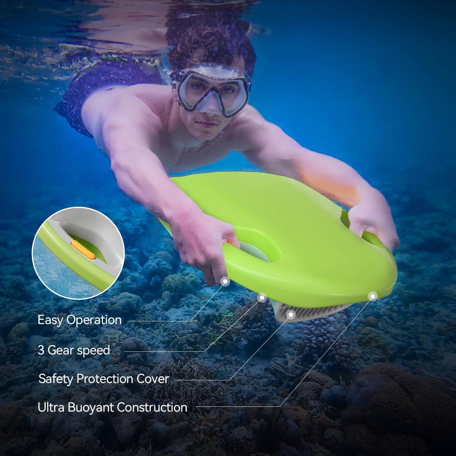 Easy Operation, 3 Gear speed, Safety Protection Cover, Ultra Buoyant Construction