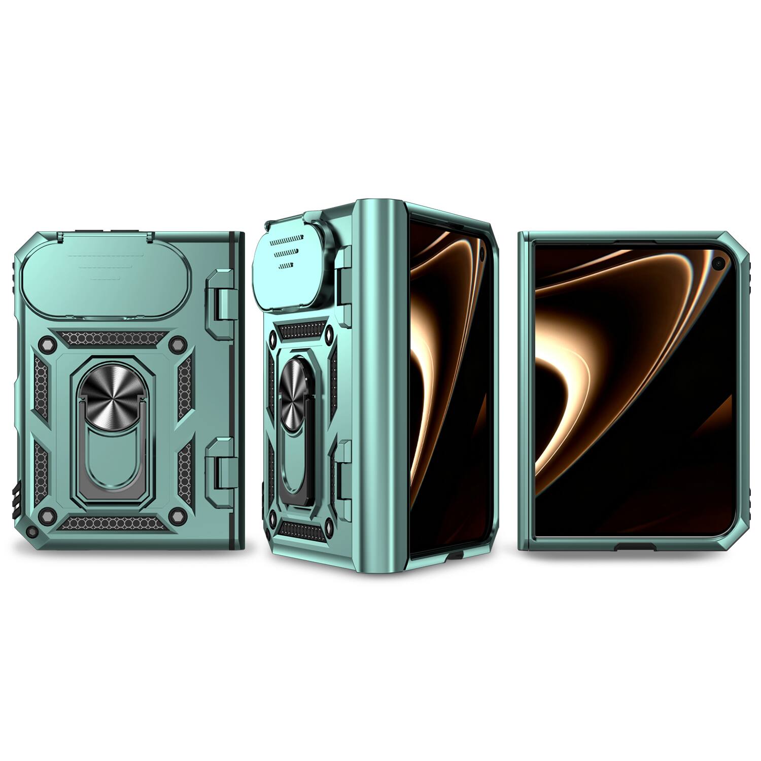 Left. Dteck - For Apple iPhone Duo Heavy Duty Rugged Case Sliding Lens Cover, Shockproof Ring Kickstand Hinge Protection Cover - Darkgreen.