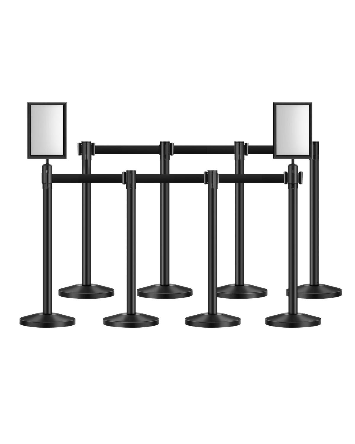 Front. VEVOR - Stanchion Post, 8 Pcs Stanchions with Retractable Belts, Carbon Steel Black Stanchions Queue with Sand Injection Hollow - Black.