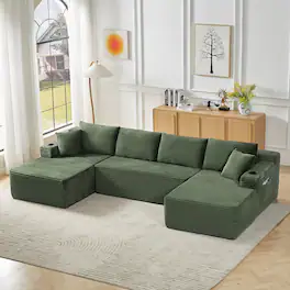 Aukfa - U-Shaped Sectional Sofa Set - Minimalist Modular Design, Corduroy Cloud Couch for Living Room - Green