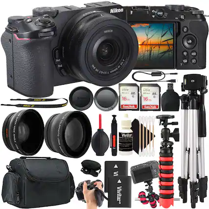 Nikon Z50 with NIKKOR Z DX 16-50mm VR 1:3.5-6.3
- SanDisk Ultra 80MB/s 16GB SD Card
- SanDisk Ultra 80MB/s 16GB SD Card
- Nikon Z DX 16-50mm VR Lens
- Nikon Z DX 2X Telephoto Lens
- Nikon Z DX Macro Lens
- Vivitar Super Wide Angle Lens
- Vivitar 2X Telephoto Lens
- Vivitar Lens Cleaning Kit
- Vivitar Tripod
- Vivitar Camera Bag
- Vivitar Camera Strap
- Vivitar Camera Remote
- Vivitar Camera Mount
- Vivitar Camera Cleaning Kit
- Vivitar Camera Lens Hood
- Vivitar Camera Lens Cap
