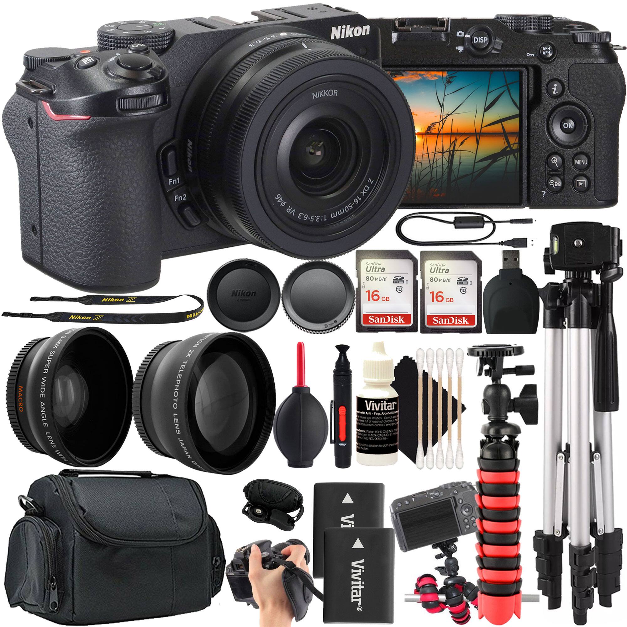 Nikon Z50 with NIKKOR Z DX 16-50mm VR 1:3.5-6.3

- SanDisk Ultra 80MB/s 16GB SD Card
- SanDisk Ultra 80MB/s 16GB SD Card
- Nikon Z DX 16-50mm VR Lens
- Nikon Z DX 2X Telephoto Lens
- Nikon Z DX Macro Lens
- Vivitar Super Wide Angle Lens
- Vivitar 2X Telephoto Lens
- Vivitar Lens Cleaning Kit
- Vivitar Tripod
- Vivitar Camera Bag
- Vivitar Camera Strap
- Vivitar Camera Remote
- Vivitar Camera Mount
- Vivitar Camera Cleaning Kit
- Vivitar Camera Lens Hood
- Vivitar Camera Lens Cap
