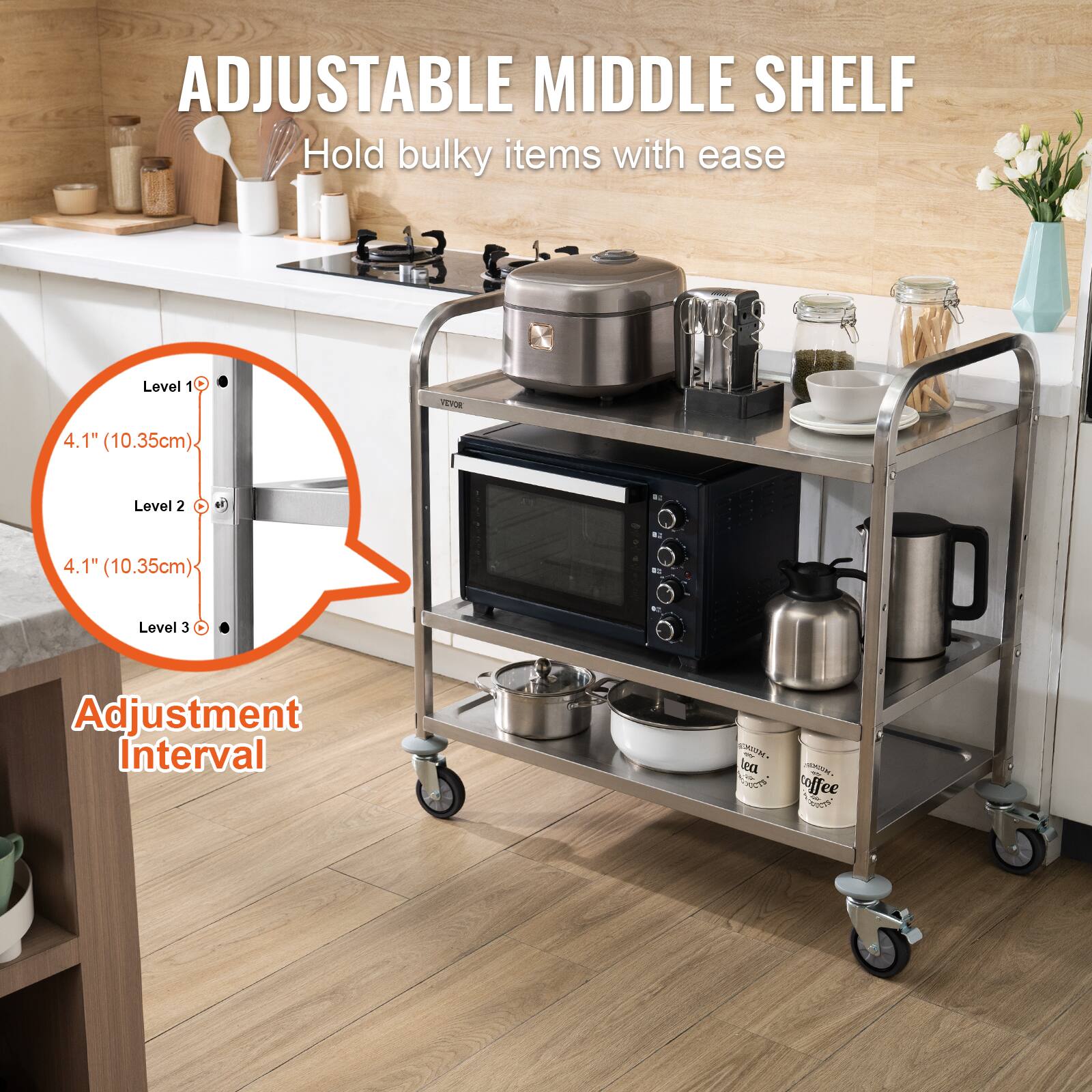 ADJUSTABLE MIDDLE SHELF, Hold bulky items with ease, Level 1 4.1" (10.35cm), Level 2 4.1" (10.35cm), Level 3, Adjustment Interval