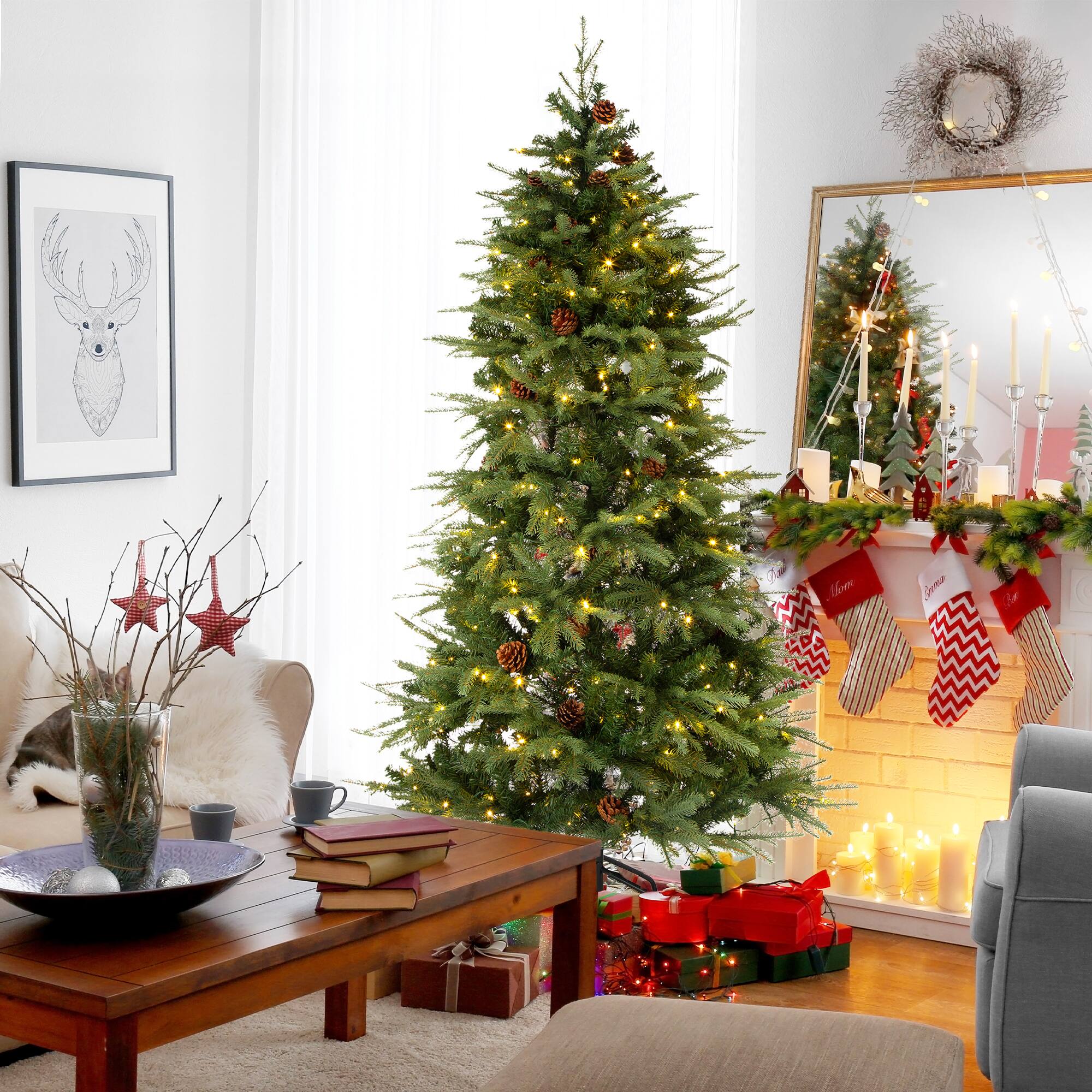 Alt View 3. Glitzhome - 6ft Pre-Lit Fir Slim Artificial Christmas Tree with 350 LED Lights - Green.