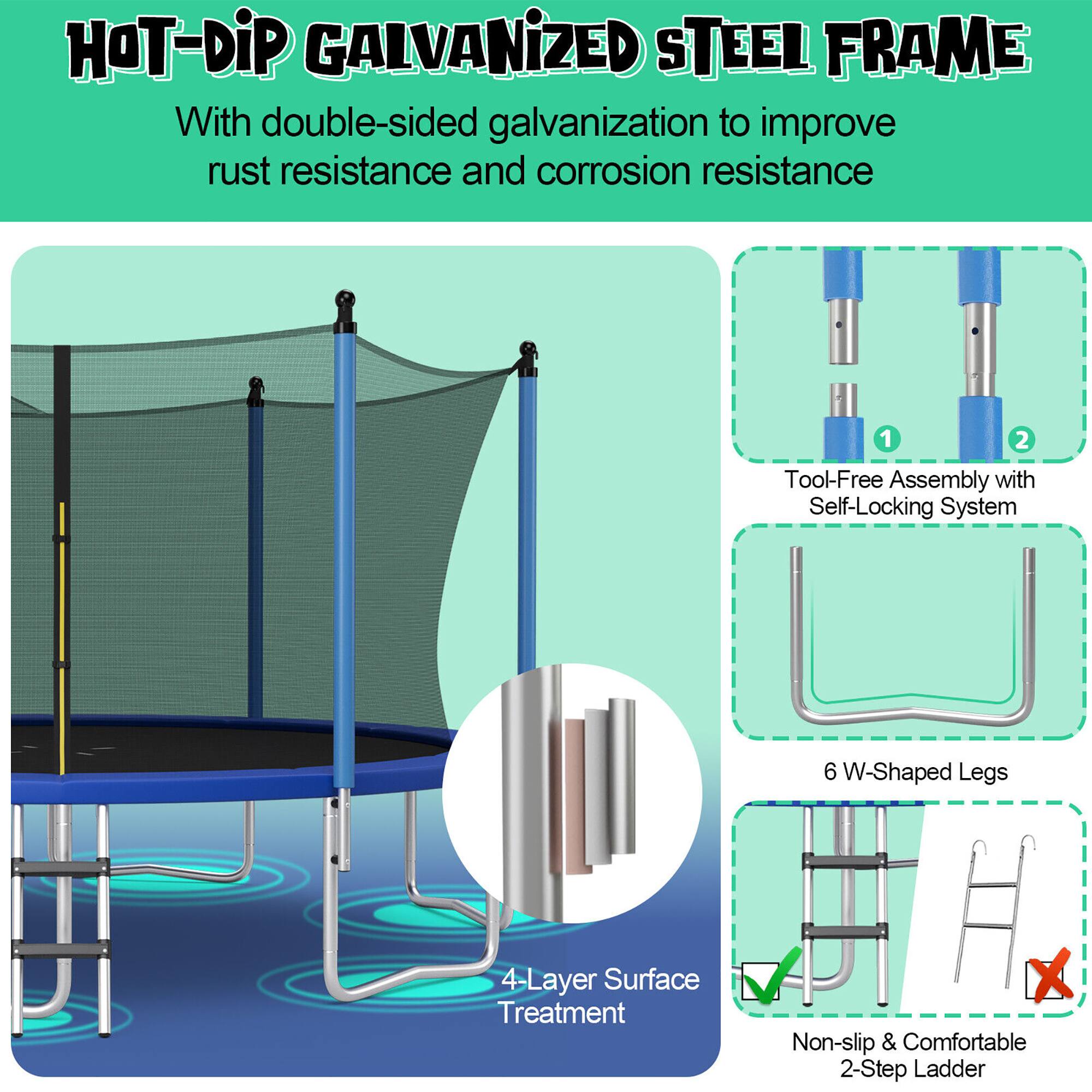 HOT-DIP GALVANIZED STEEL FRAME  
With double-sided galvanization to improve rust resistance and corrosion resistance  

1. Tool-Free Assembly with Self-Locking System  
2. 6 W-Shaped Legs  
3. 4-Layer Surface Treatment  
4. Non-slip & Comfortable 2-Step Ladder