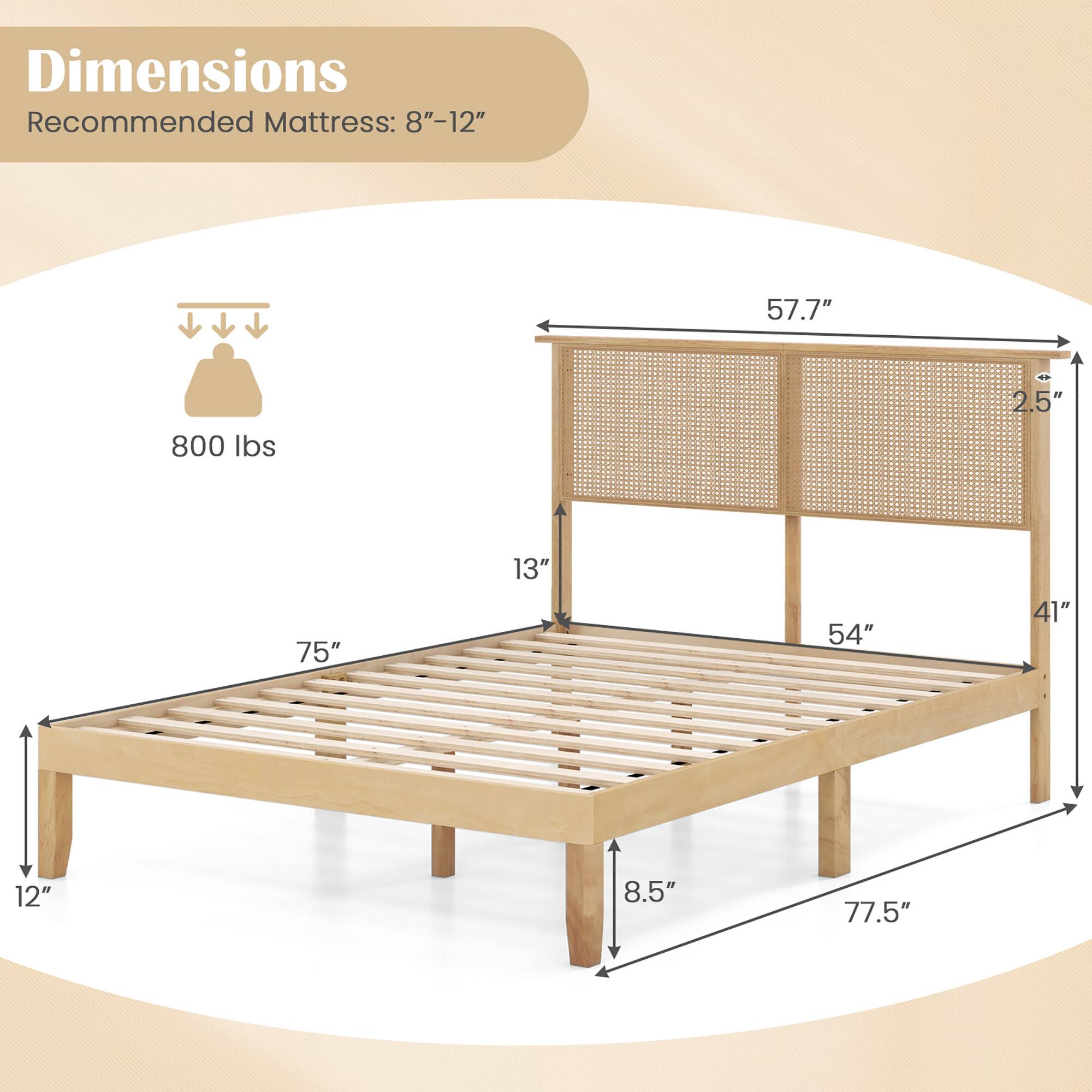 Dimensions  
Recommended Mattress: 8"–12"  

800 lbs  

57.7"  
2.5"  
54"  
41"  
75"  
13"  
12"  
8.5"  
77.5"