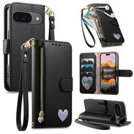 Dteck - Stylish PU Leather Wallet Case for Google Pixel 10 Pro with Wrist Strap Zipper Pocket, Protective Folio Kickstand Cover - Black