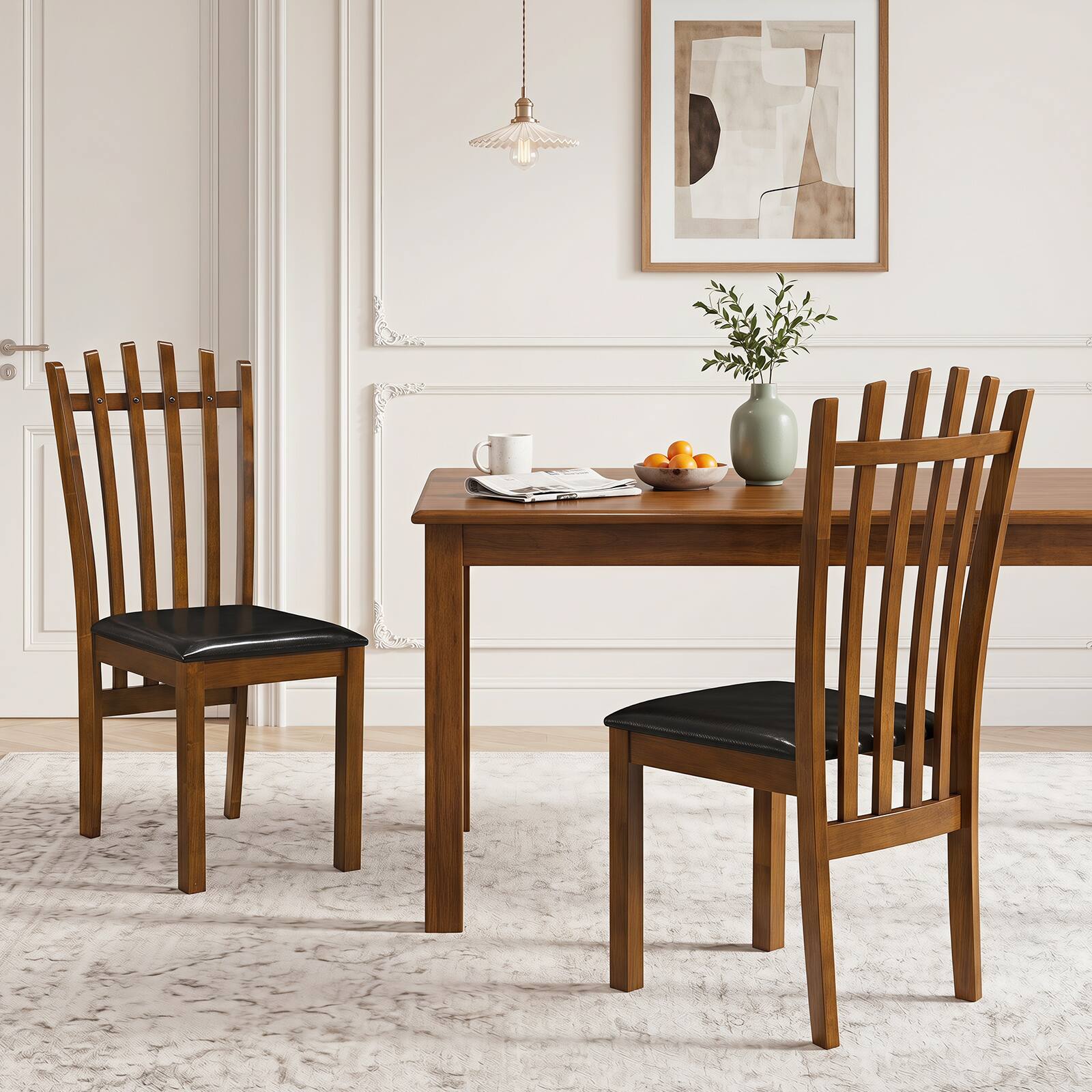 Alt View 3. Costway - Costway Wooden Dining Chair Set of 2, Windsor Kitchen Chairs with Spindle Back & PU Leather - Walnut+Black.