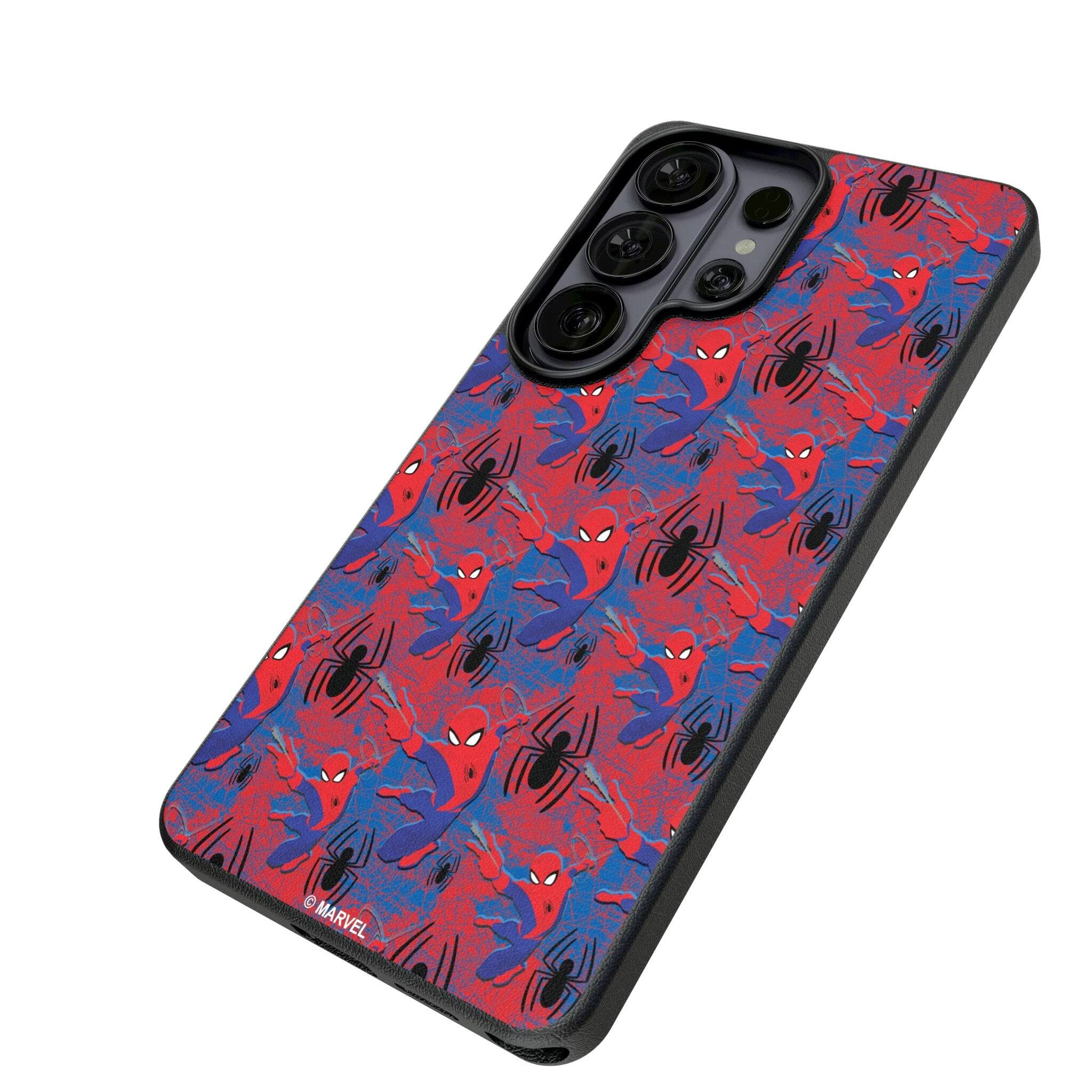 Angle. Keyscaper - Marvel Pattern MagSafe Compatible Phone Case - Samsung Galaxy S26 - Spider-Man.