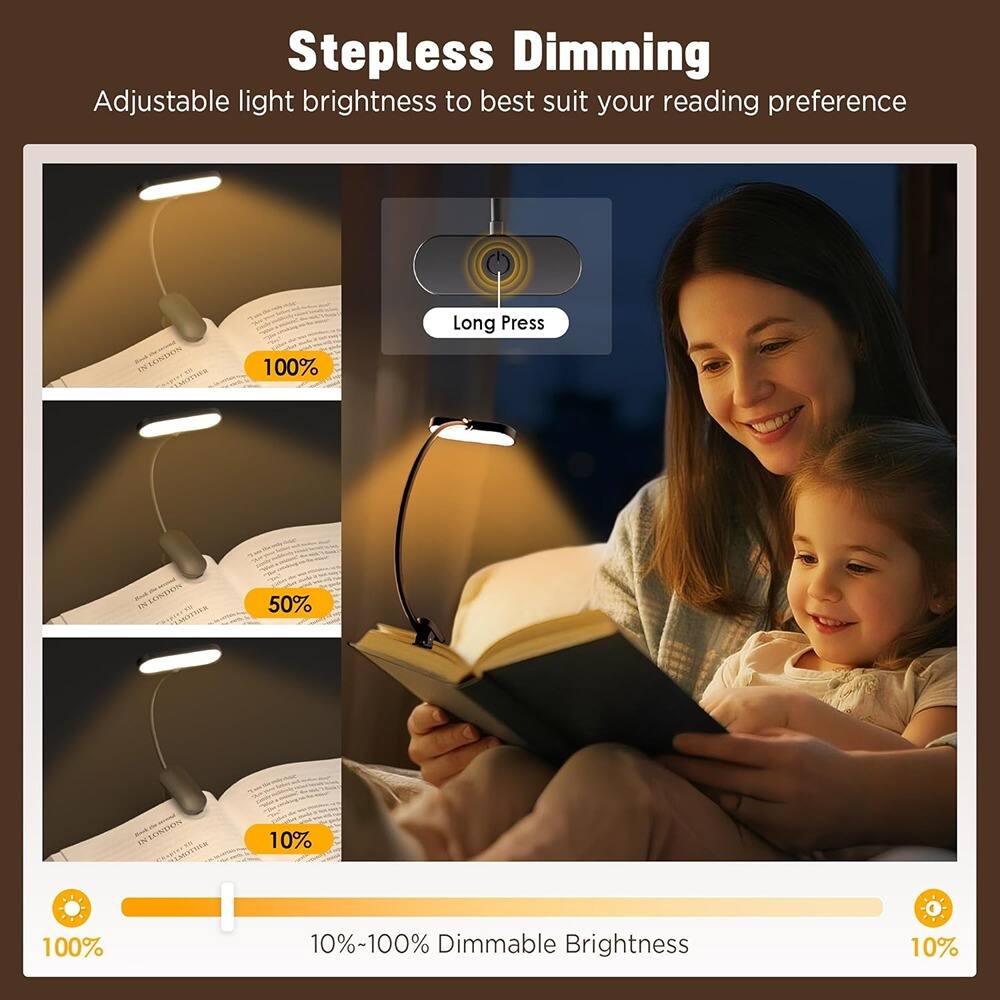 Stepless Dimming  
Adjustable light brightness to best suit your reading preference  

Long Press  

100%  
50%  
10%  

10%-100% Dimmable Brightness