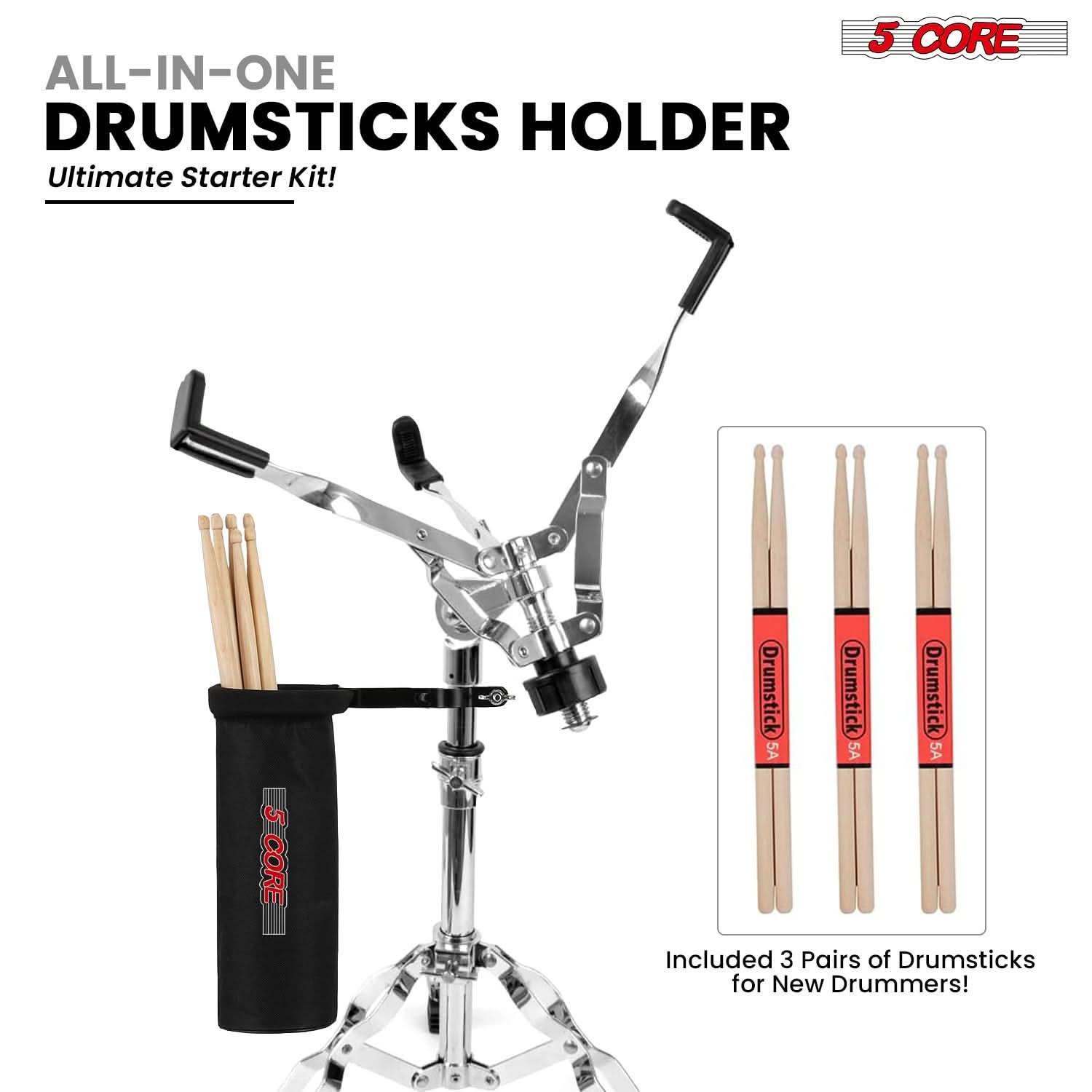 5 CORE ALL-IN-ONE DRUMSTICKS HOLDER Ultimate Starter Kit!

Included 3 Pairs of Drumsticks for New Drummers!