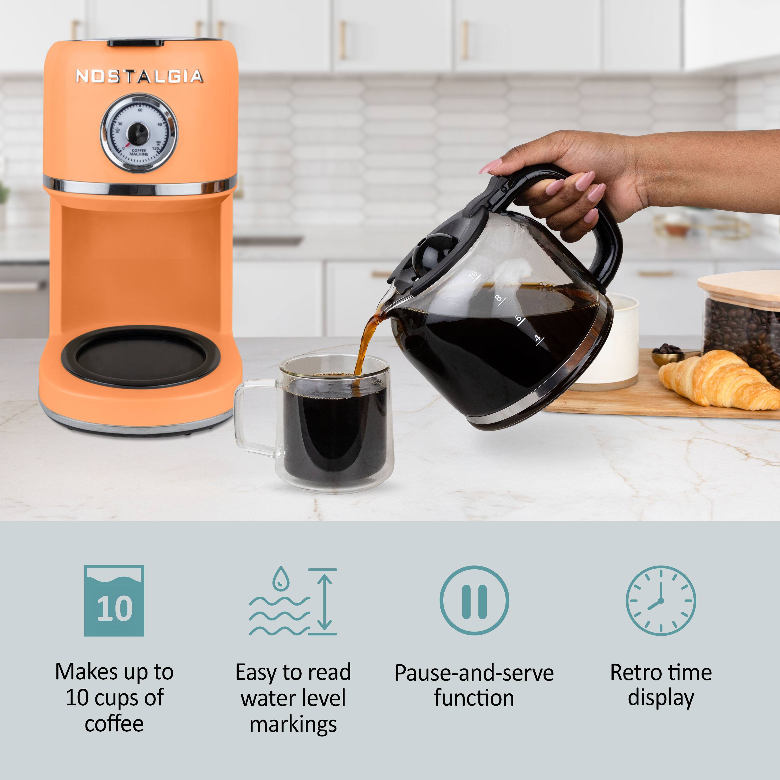 NOSTALGIA

- Makes up to 10 cups of coffee
- Easy to read water level markings
- Pause-and-serve function
- Retro time display