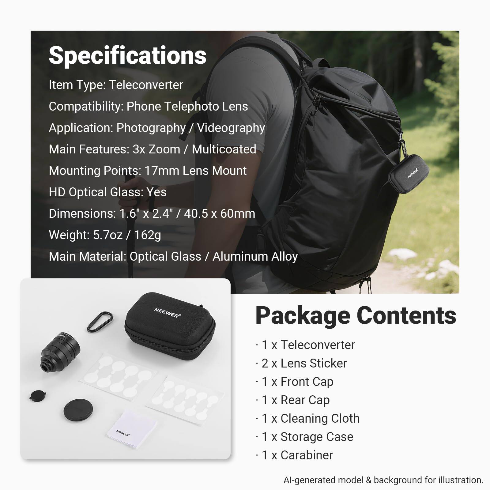 Specifications

Item Type: Teleconverter  
Compatibility: Phone Telephoto Lens  
Application: Photography / Videography  
Main Features: 3x Zoom / Multicoated  
Mounting Points: 17mm Lens Mount  
HD Optical Glass: Yes  
Dimensions: 1.6" X 2.4" / 40.5 x 60mm  
Weight: 5.7oz / 162g  
Main Material: Optical Glass / Aluminum Alloy  

Package Contents  
1 X Teleconverter  
2 X Lens Sticker  
1 X Front Cap  
1 X Rear Cap  
1 X Cleaning Cloth  
1 X Storage Case  
1 X Carabiner  

Al-generated model & background for illustration.