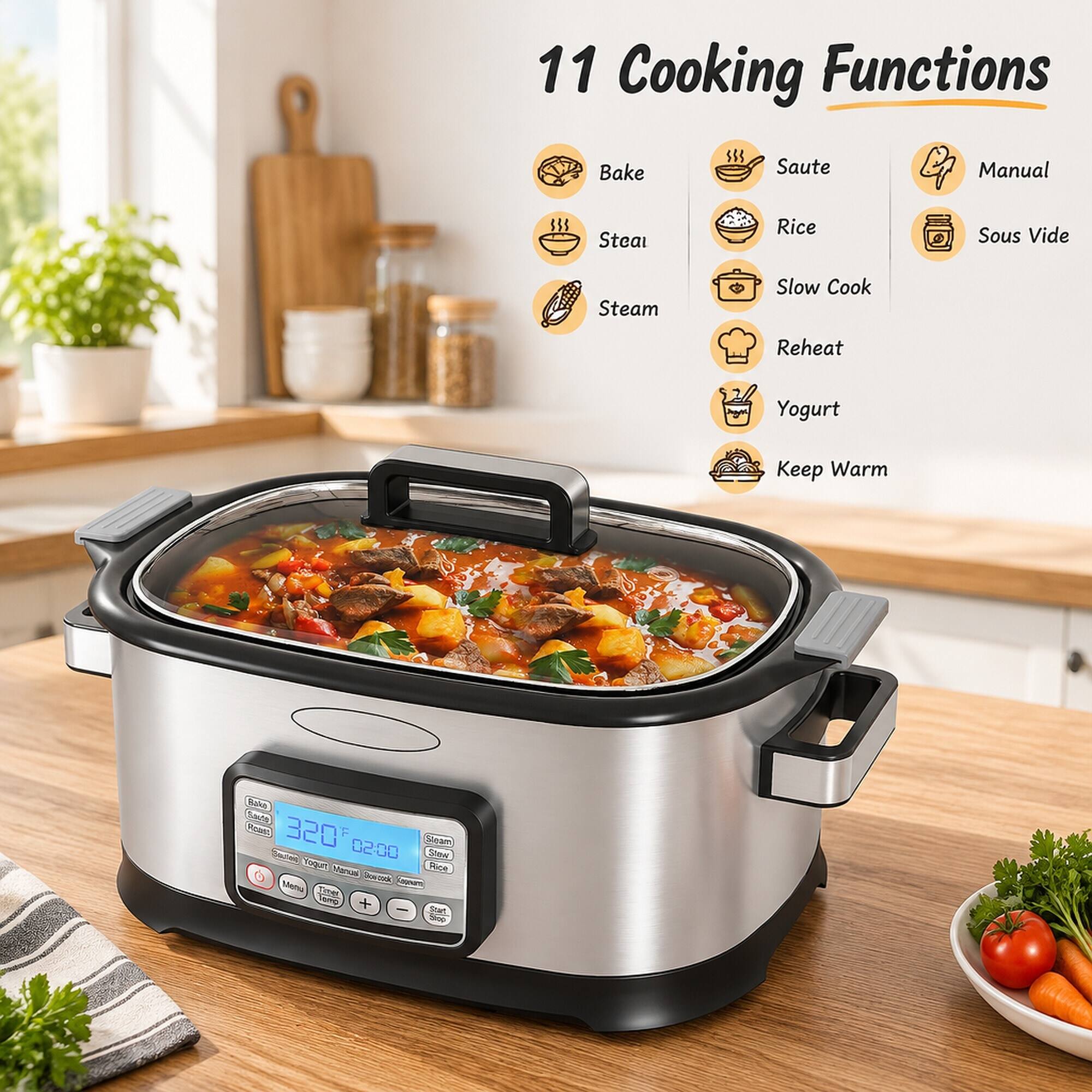 11 Cooking Functions  
Bake  
Saute  
Manual  
Steam  
Rice  
Sous Vide  
Steam  
Slow Cook  
Reheat  
Yogurt  
Keep Warm  

Bake Saute Roast 320 Steam Sautes 02:00 Slow Yogurt Menus Rice Sew-book Capenanci Menu Times (5mg + Start Stop